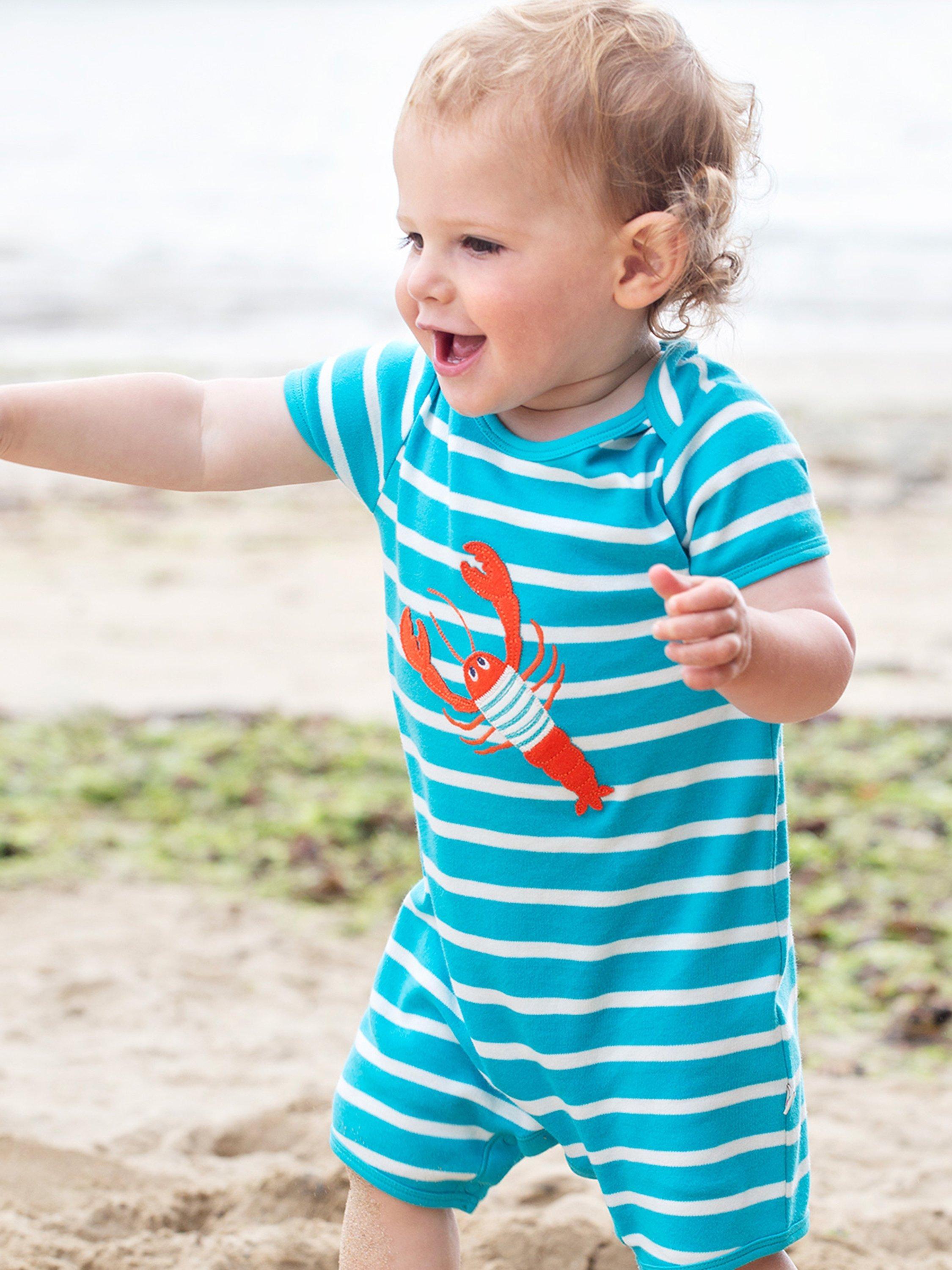 Product image 1 of 4, which shows Frugi Baby Rue Organic Cotton Tropical Sea Lobster Romper, Multi, Newborn