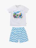 Frugi Kids' Organic Cotton Fearne Shorts Pyjamas, Soft White/Coral Reef