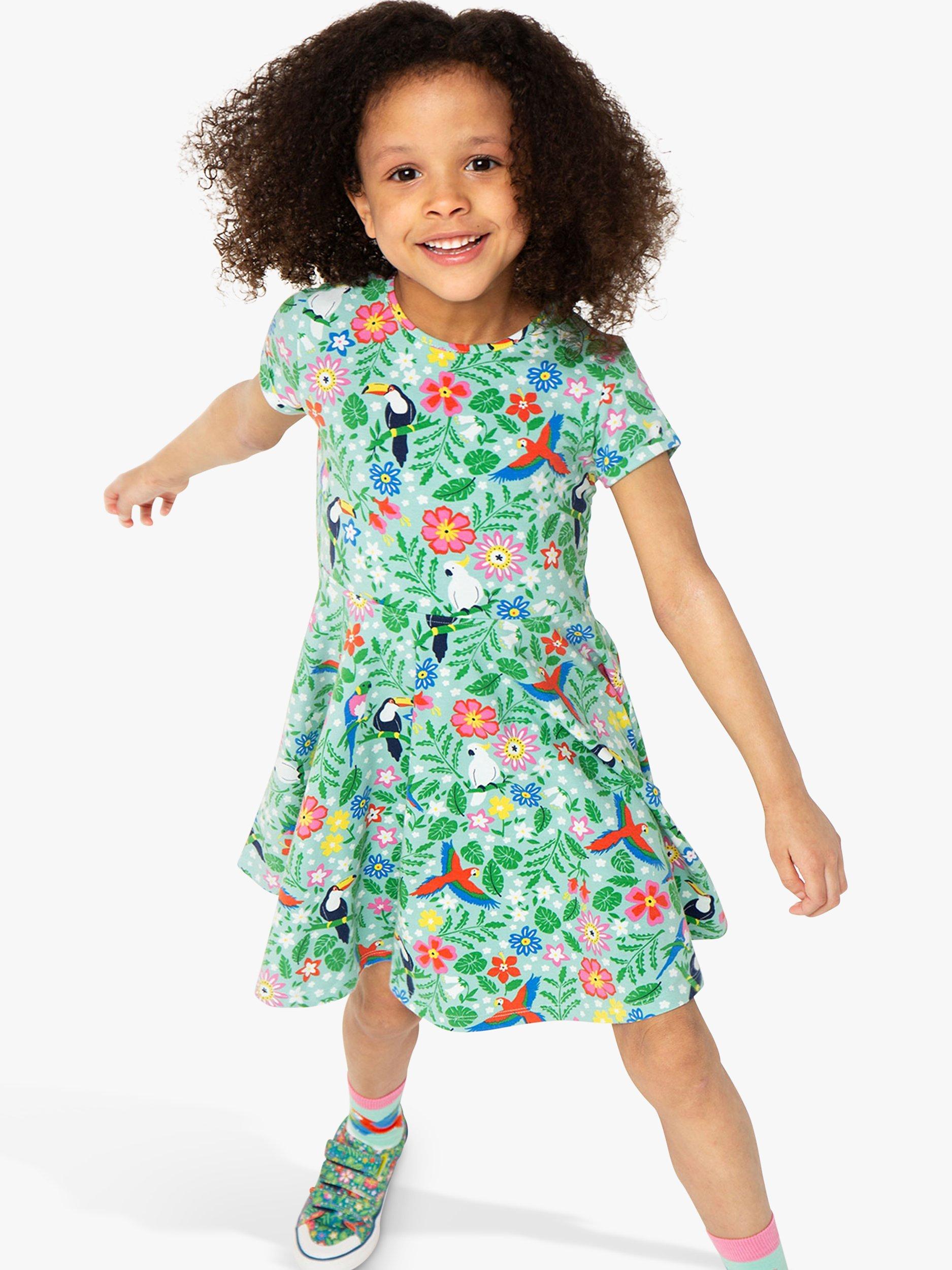 Frugi Kids' Organic Cotton Spring Tropical Birds Skater Dress, Green/Multi
