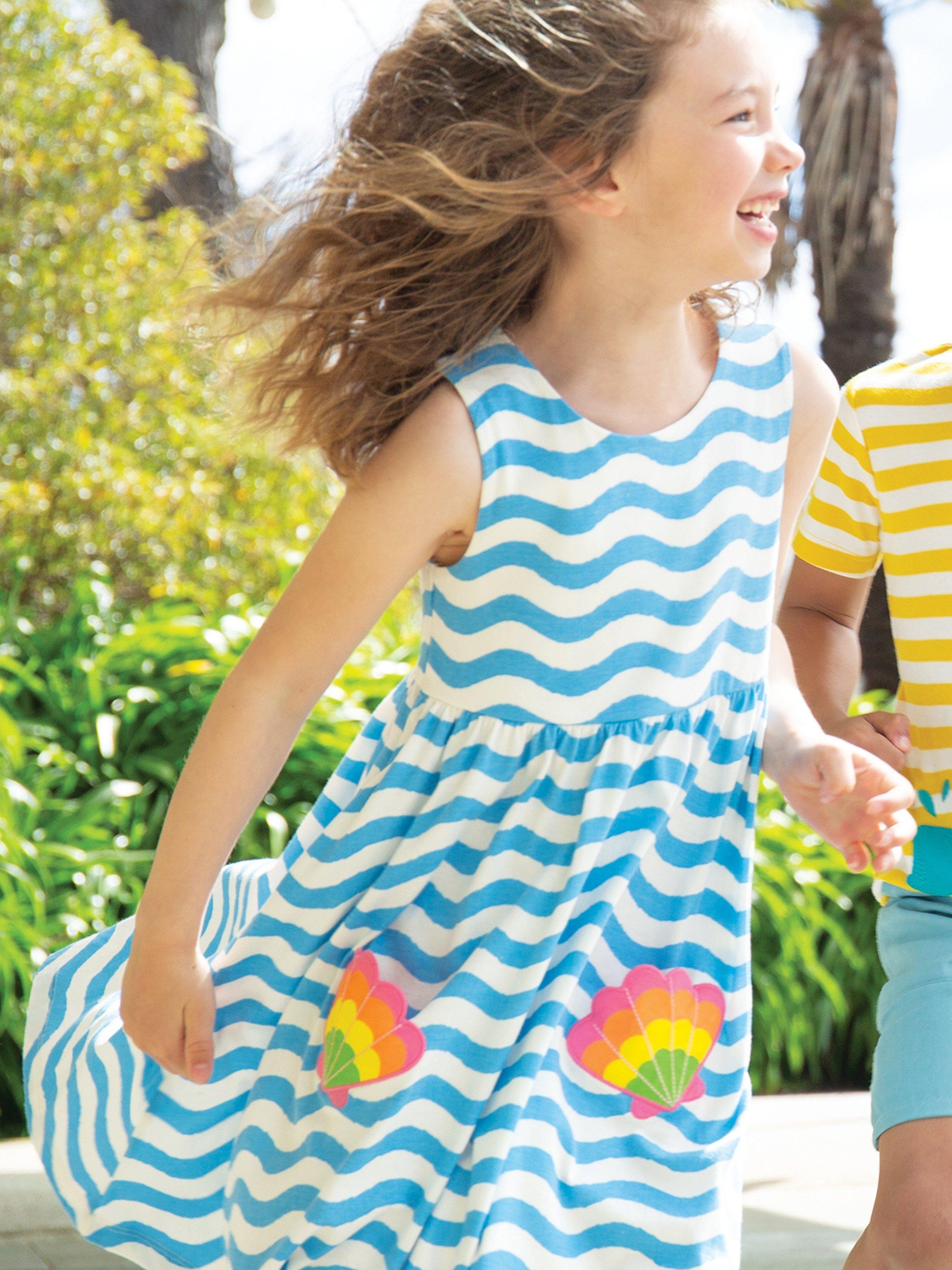Product image 1 of 4, which shows Frugi Kids' Samantha Organic Cotton Wave Stripe & Shell Summer Dress, Multi, 2-3 years