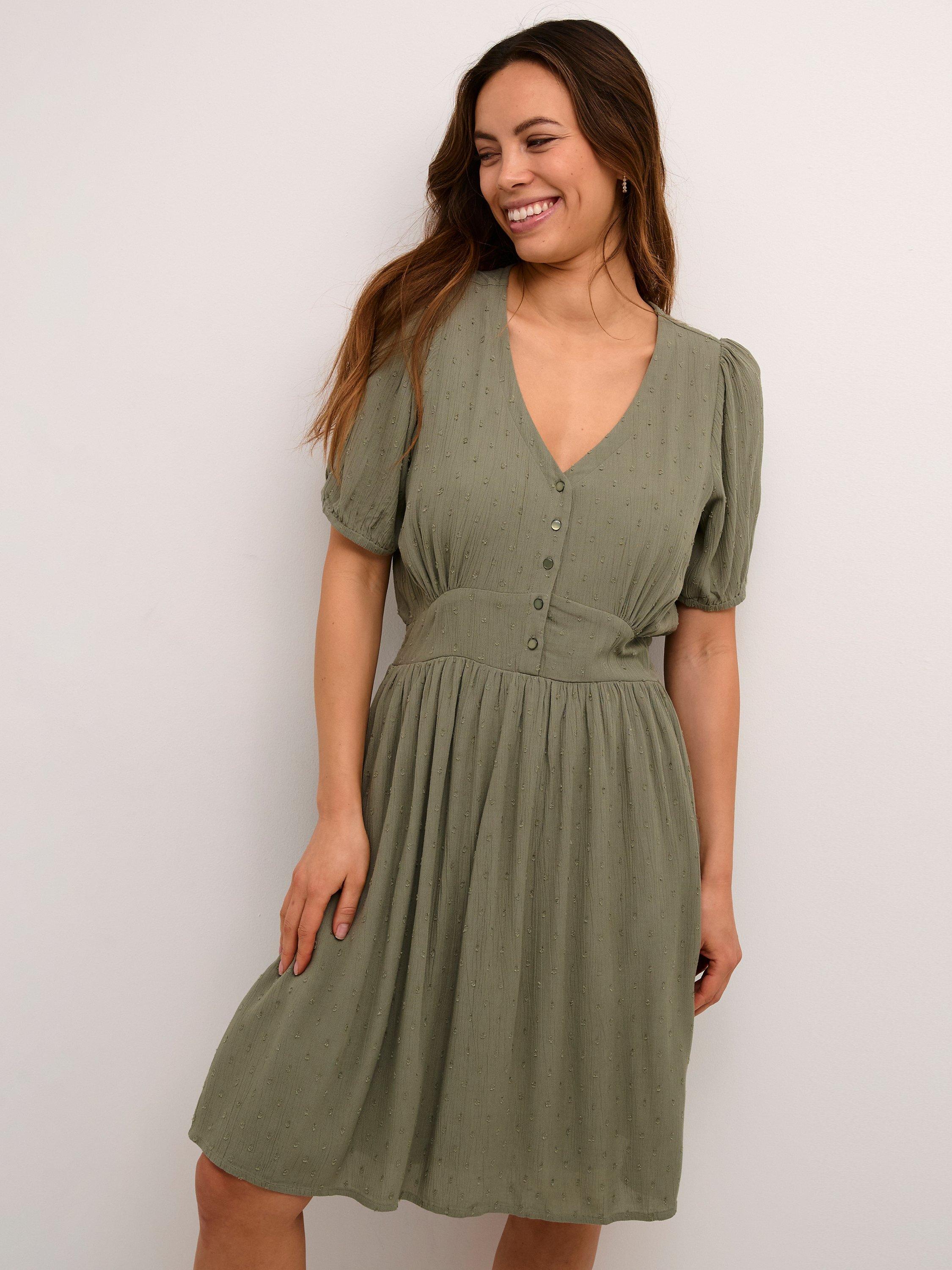 KAFFE Ronna Short Sleeve V-Neck Dress, Vetiver