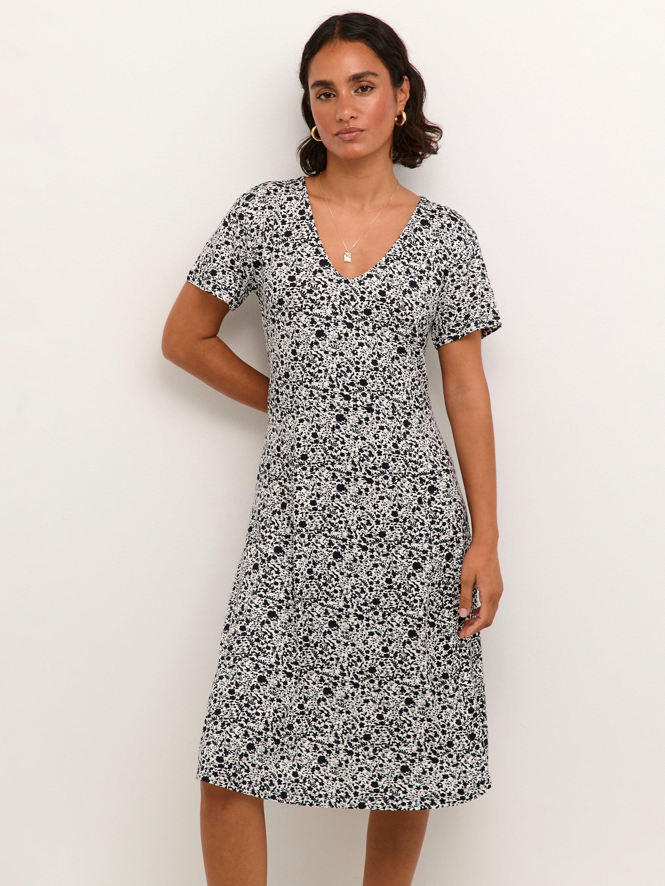 KAFFE Mille Floral Print Jersey Dress, White/Black, White/Black