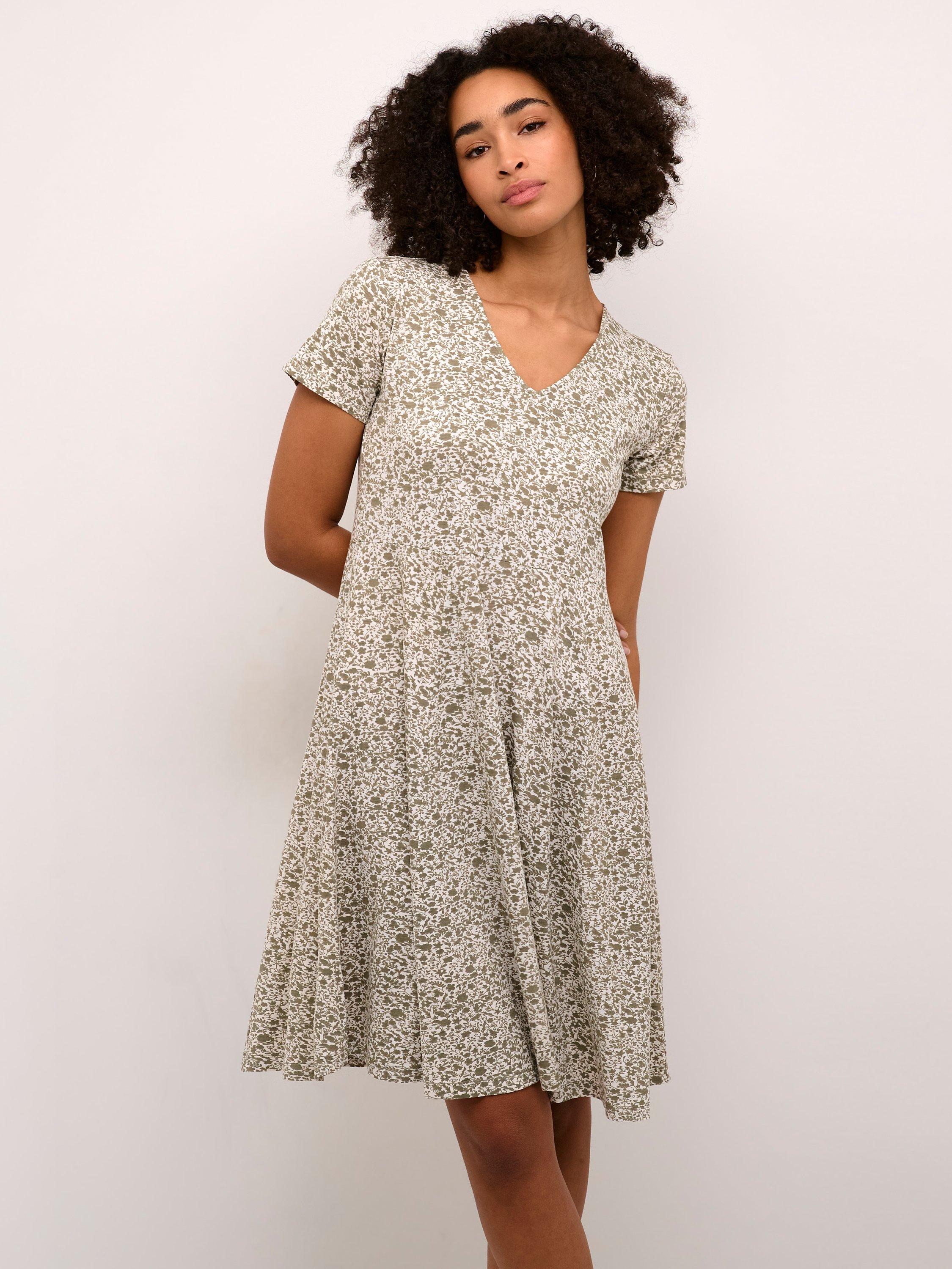 KAFFE Mille V-Neck Short Sleeve Dress, Vetiver/Chalk