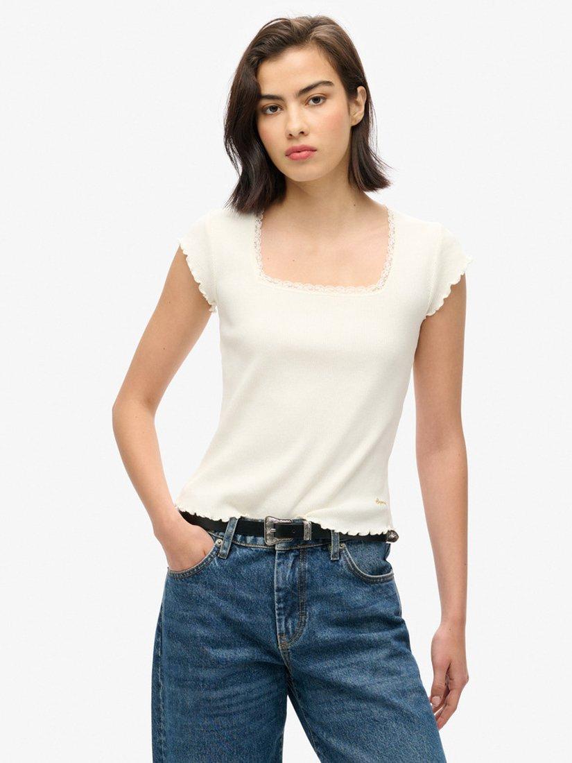 Product image 1 of 6, which shows Superdry Essential Organic Cotton Square Neck T-Shirt, Off White, 6-8