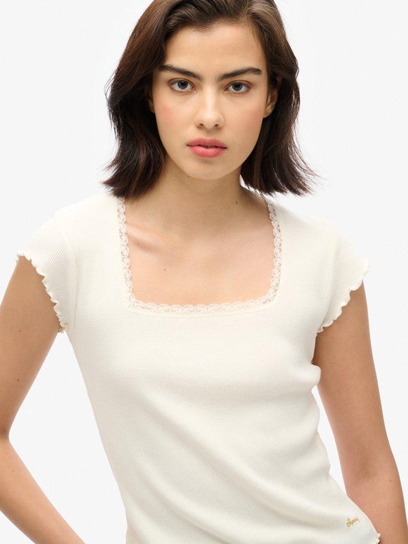 Product image 4 of 6, which shows Superdry Essential Organic Cotton Square Neck T-Shirt, Off White, 6-8