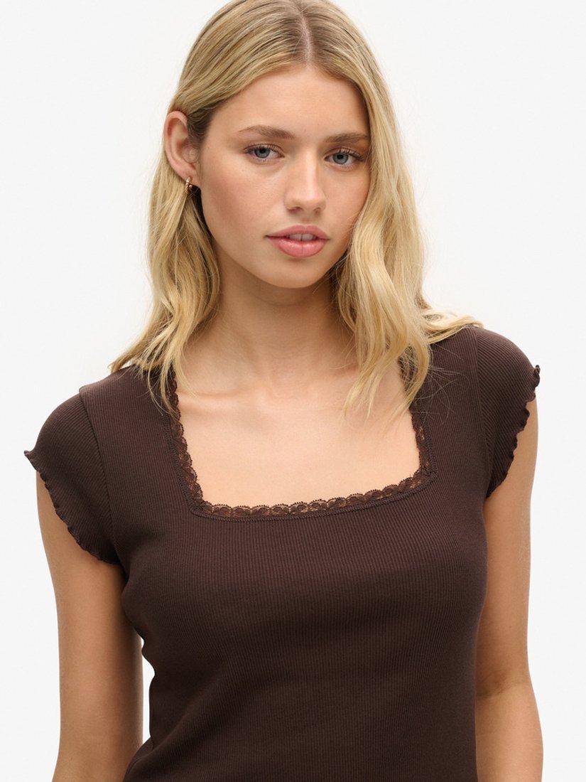 Product image 4 of 4, which shows Superdry Essential Organic Cotton Square Neck T-Shirt, Dark Brown, 6-8
