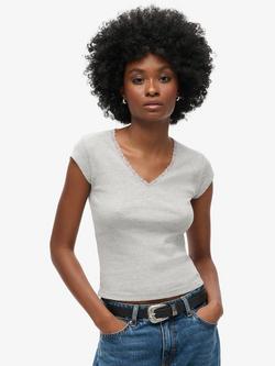 Superdry Athletic Essential Lace Trim V-Neck T-Shirt, Grey Marl