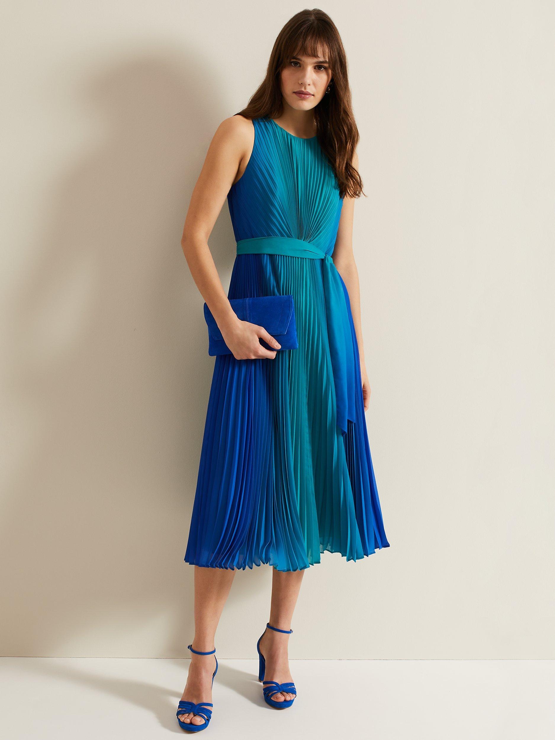 Phase Eight Simara Pleated Midi Dress Blue Green