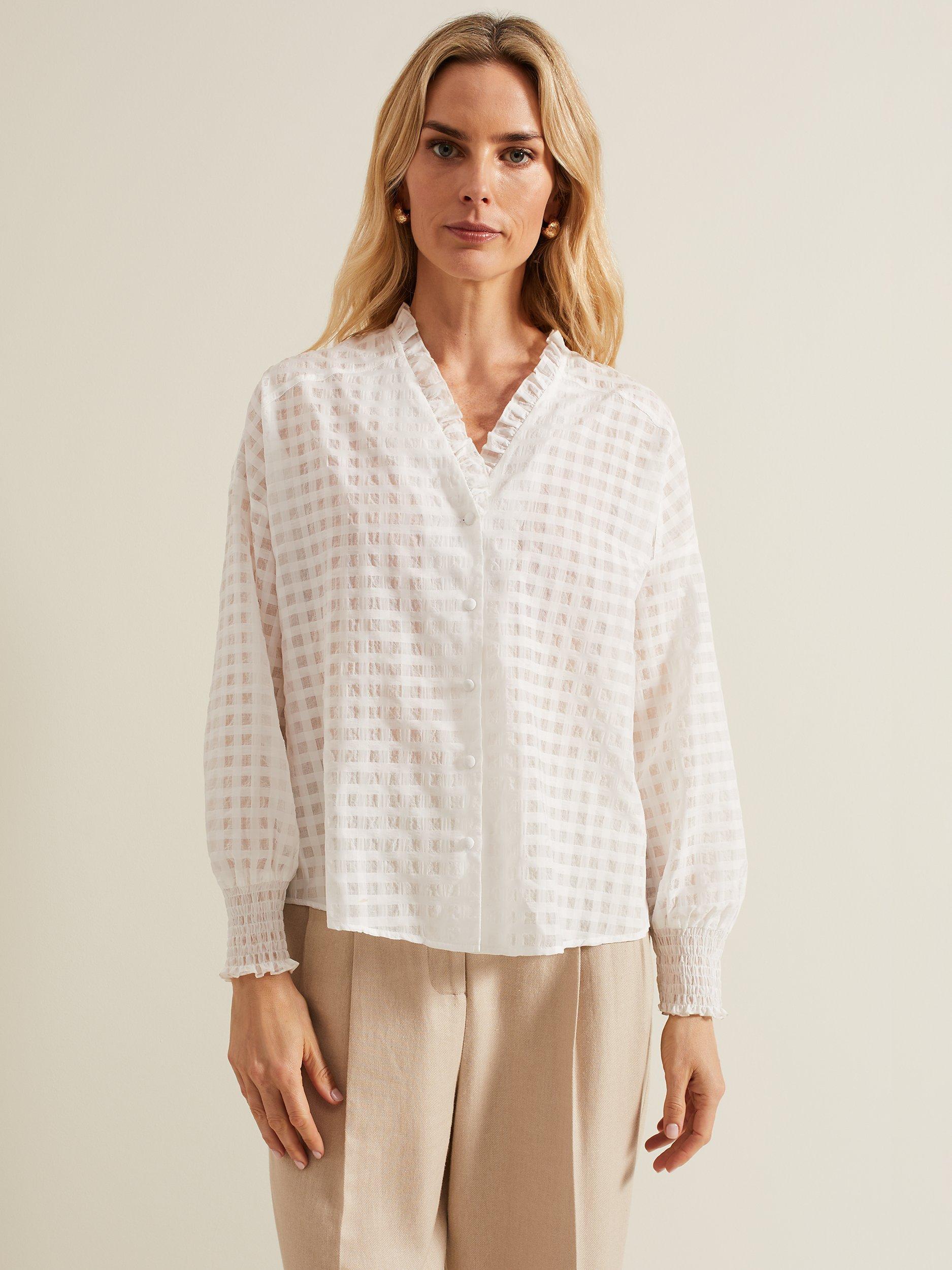 Phase Eight Tara Textured Frill Blouse, White