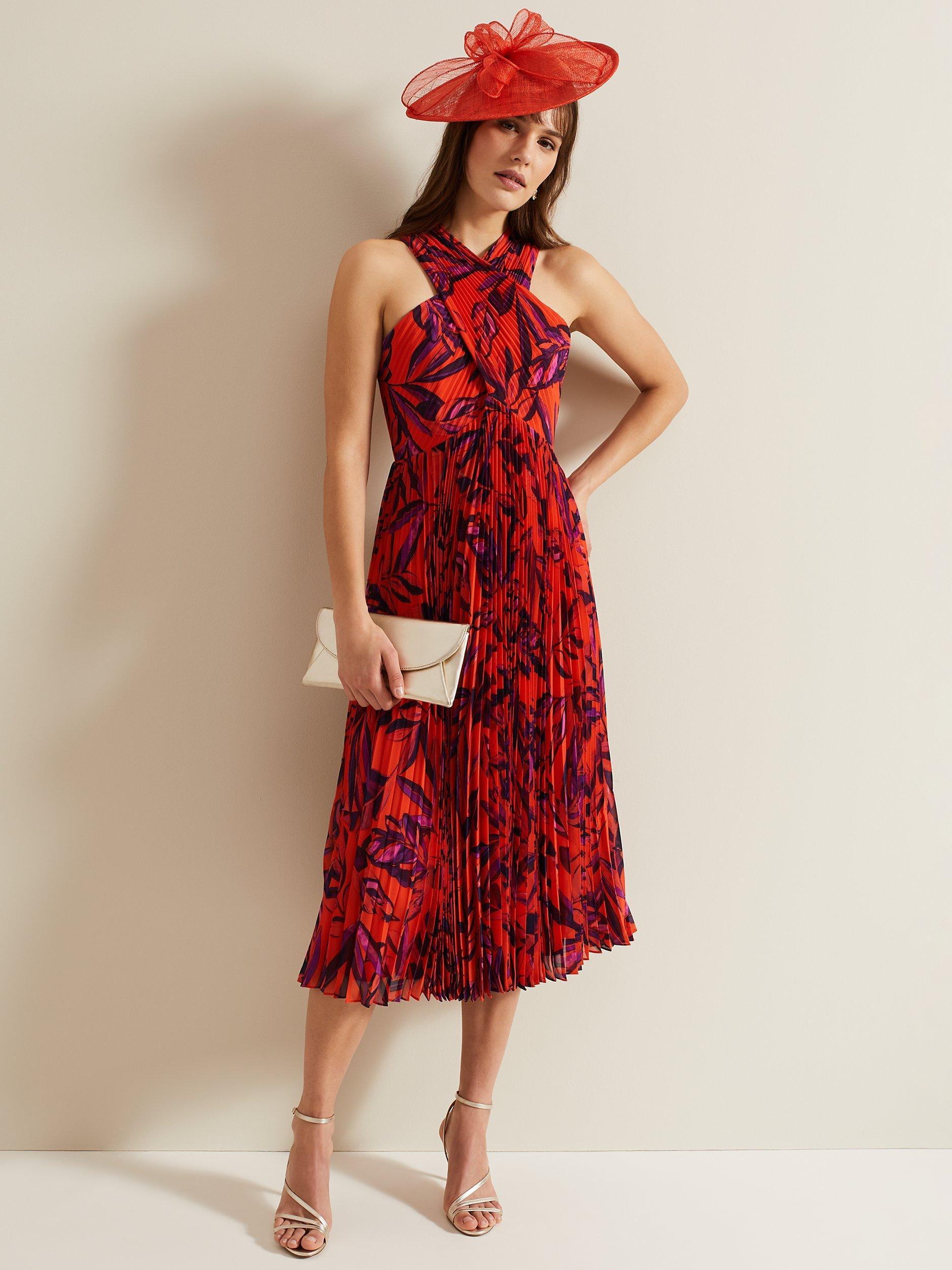Product image 1 of 7, which shows Phase Eight Sorella Floral Print Pleated Midi Dress, Vermillion/Multi, 14