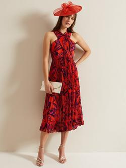 Phase Eight Sorella Floral Print Pleated Midi Dress, Vermillion/Multi, Vermillion/Multi