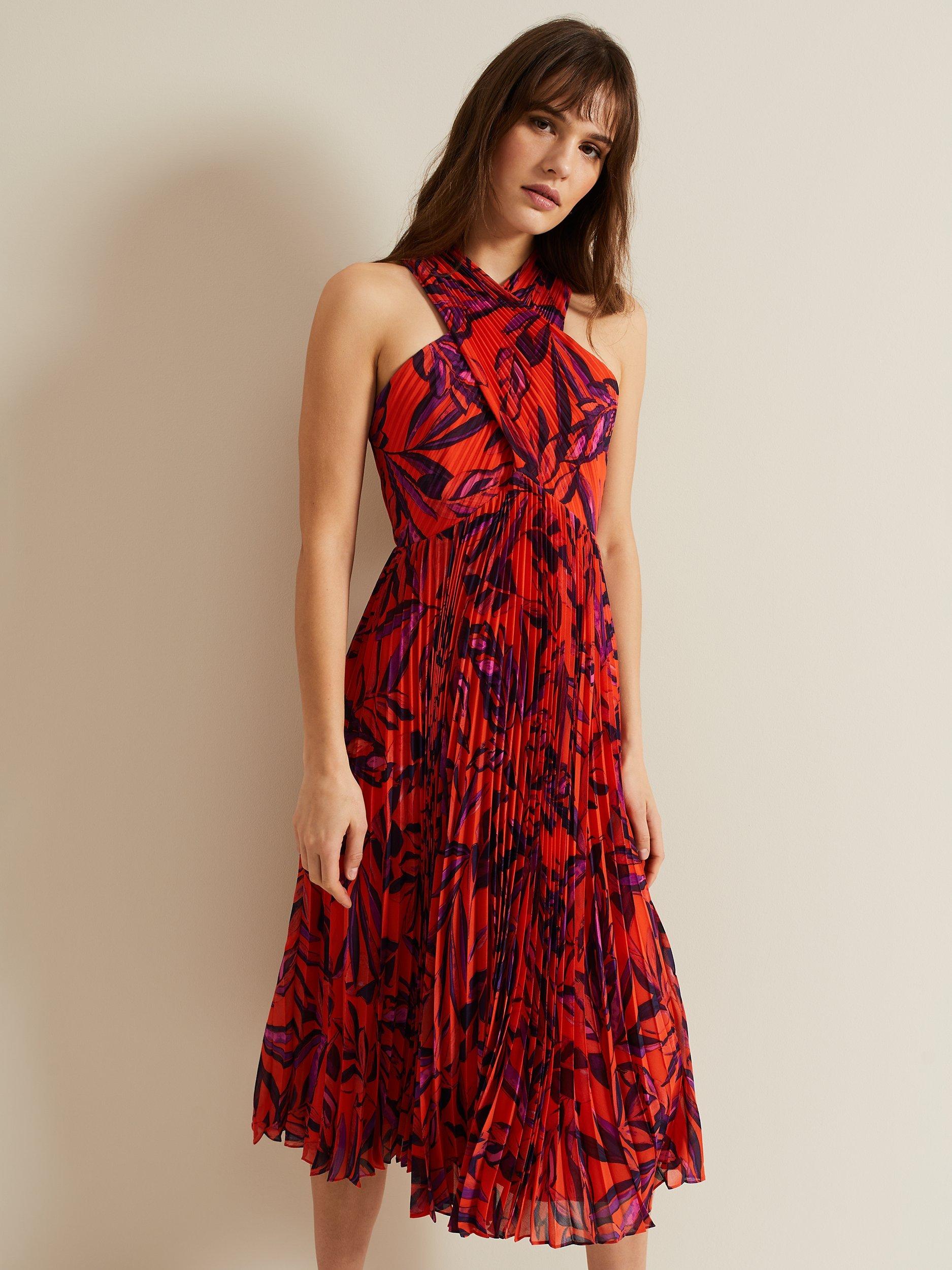 Product image 3 of 7, which shows Phase Eight Sorella Floral Print Pleated Midi Dress, Vermillion/Multi, 14