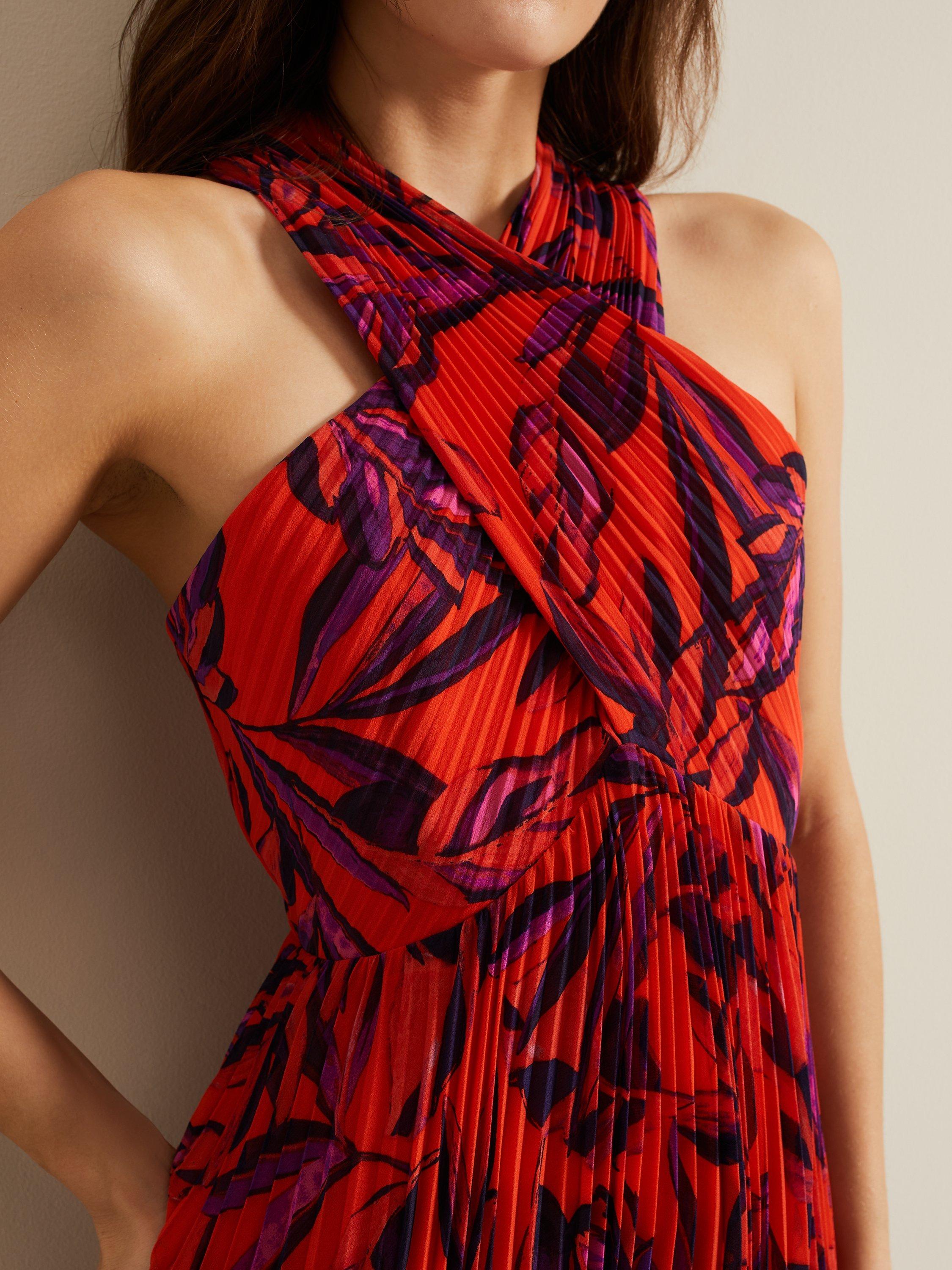 Product image 4 of 7, which shows Phase Eight Sorella Floral Print Pleated Midi Dress, Vermillion/Multi, 14