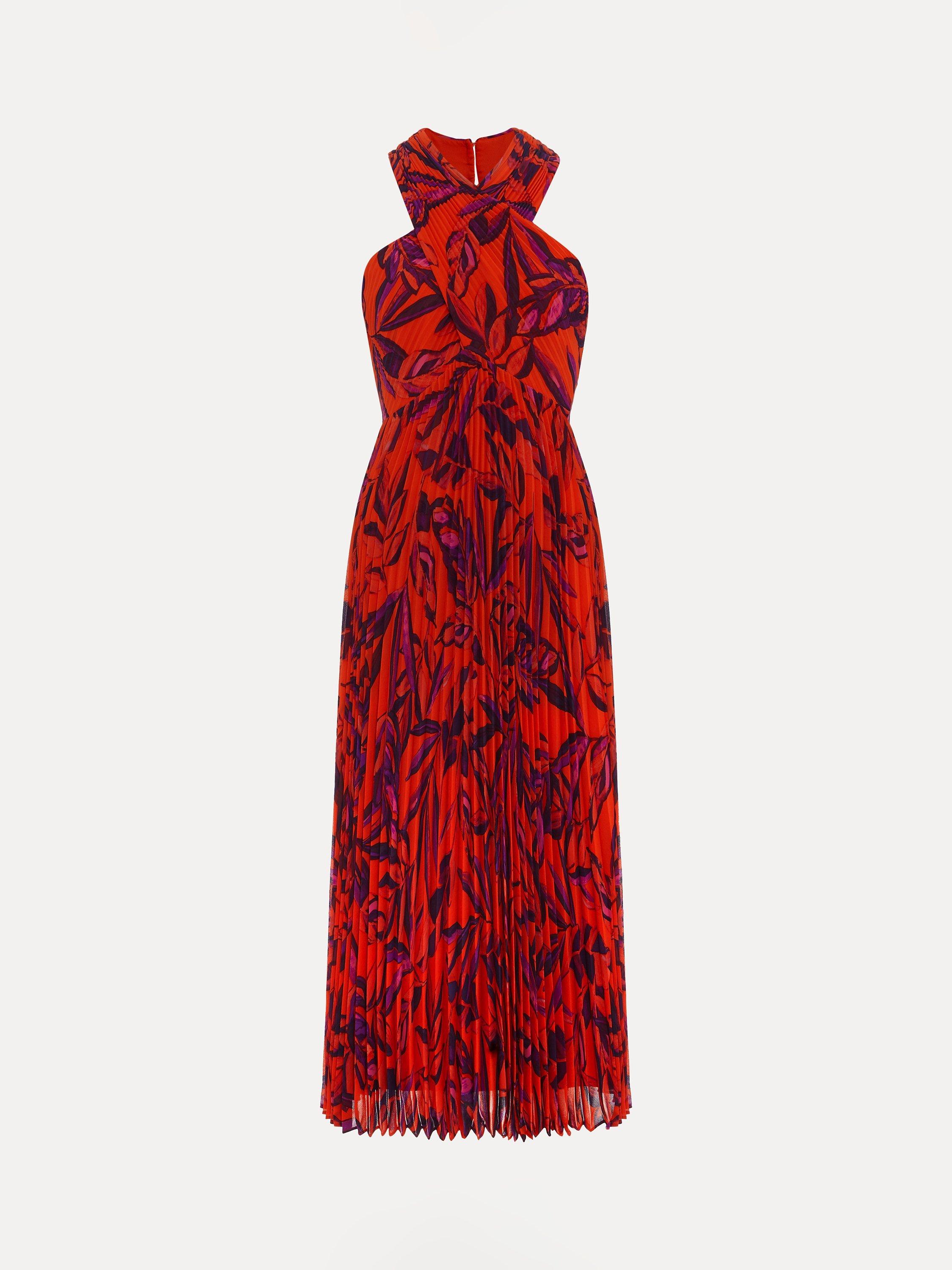 Product image 5 of 7, which shows Phase Eight Sorella Floral Print Pleated Midi Dress, Vermillion/Multi, 14