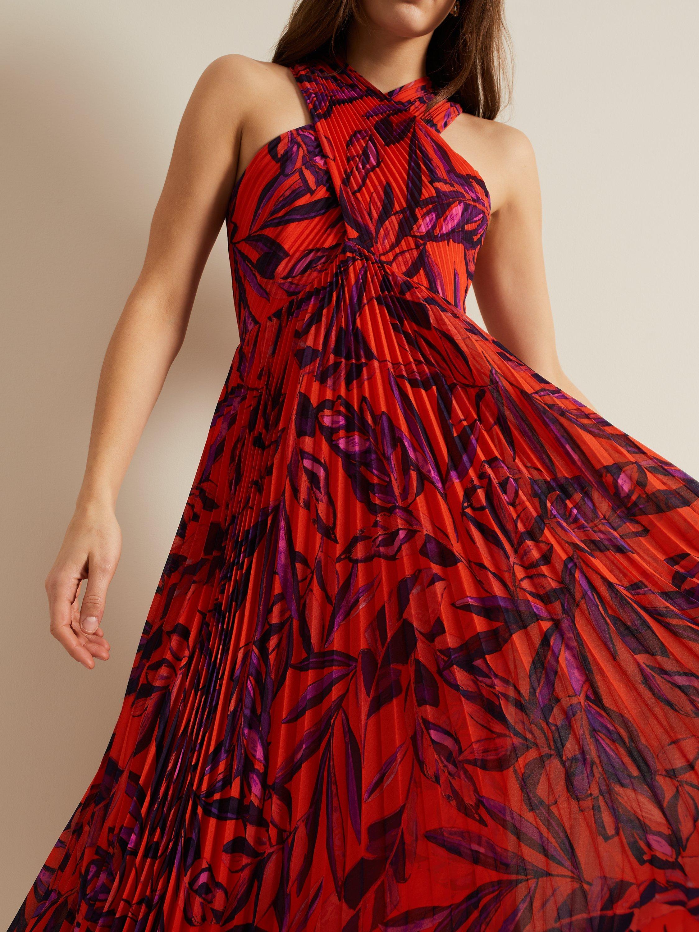 Product image 7 of 7, which shows Phase Eight Sorella Floral Print Pleated Midi Dress, Vermillion/Multi, 14