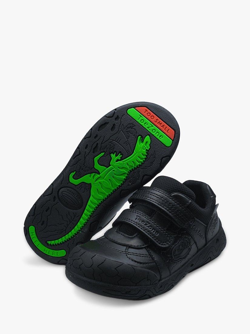 Product image 2 of 6, which shows ToeZone Chase Dinosaur Double Rip Tape School Shoes, Black, 8 Jnr
