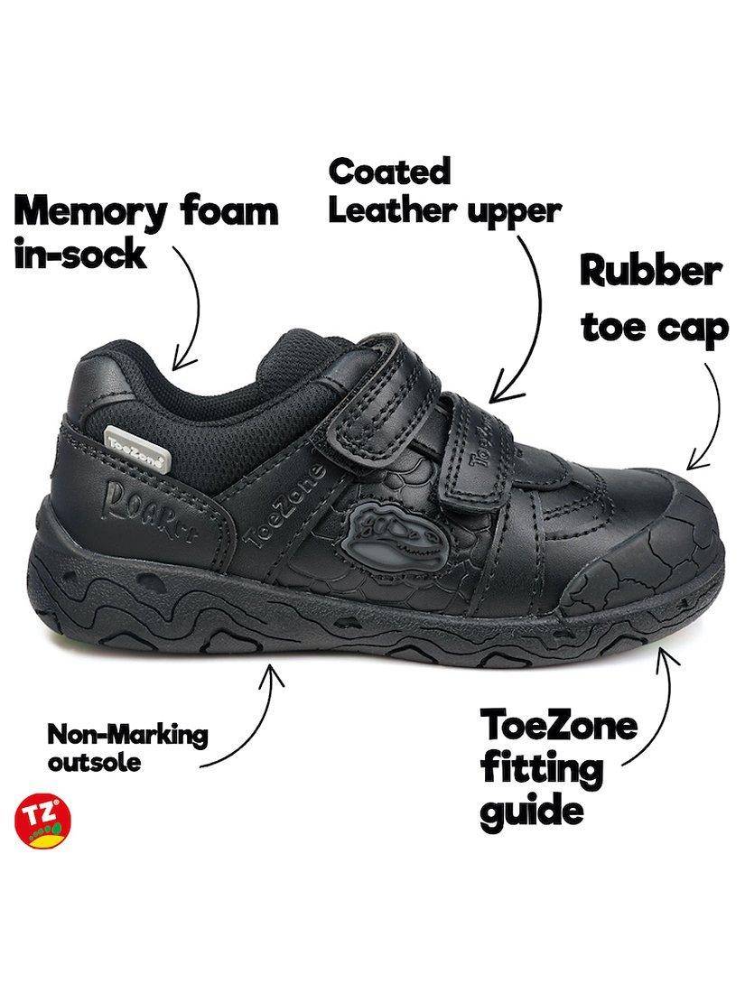 Product image 6 of 6, which shows ToeZone Chase Dinosaur Double Rip Tape School Shoes, Black, 8 Jnr