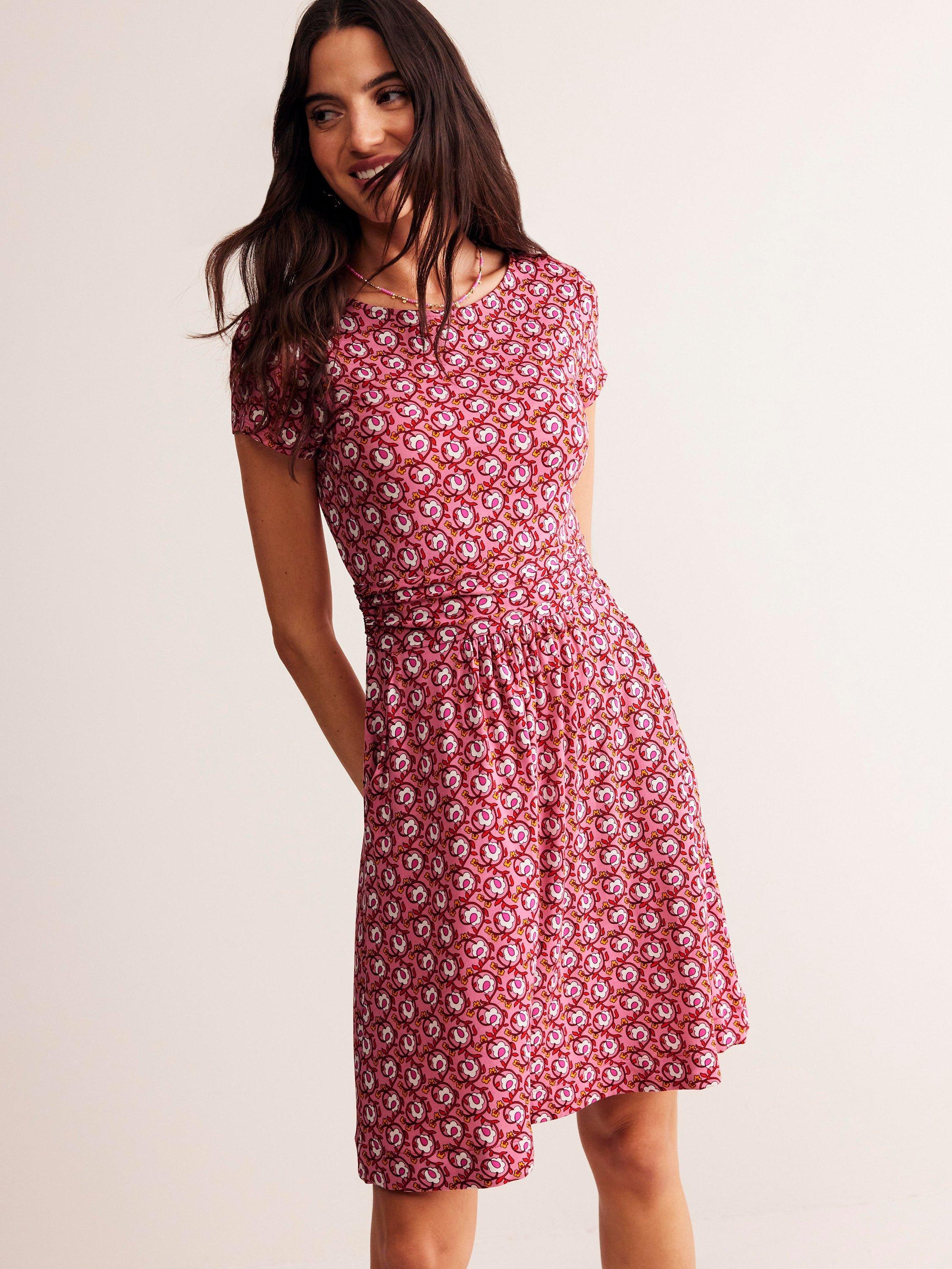 Boden Amelie Jersey Foliage Terrace Jersey Dress, Rose, 16