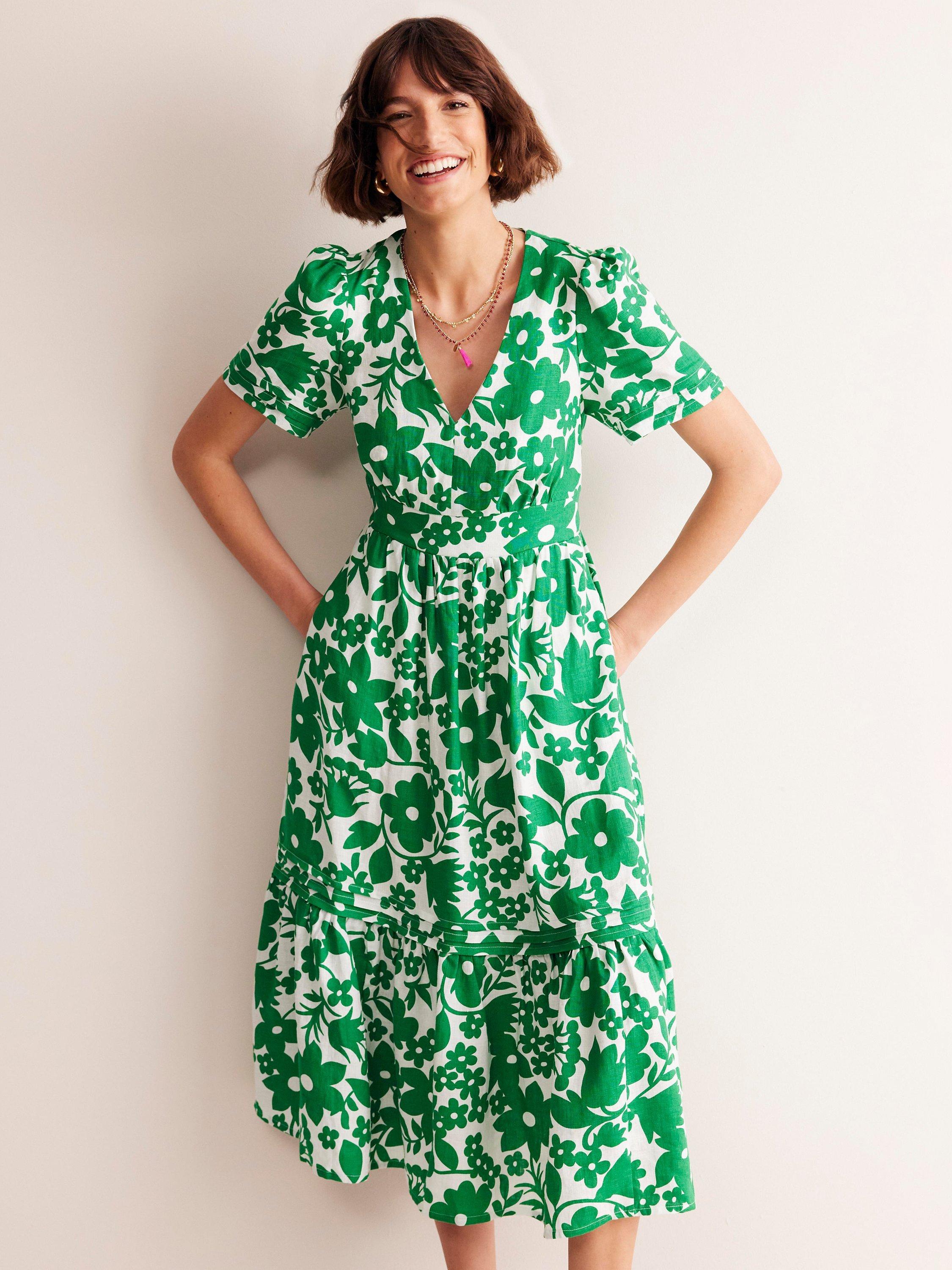 Boden Eve Tulip Garden Linen Midi Dress Green