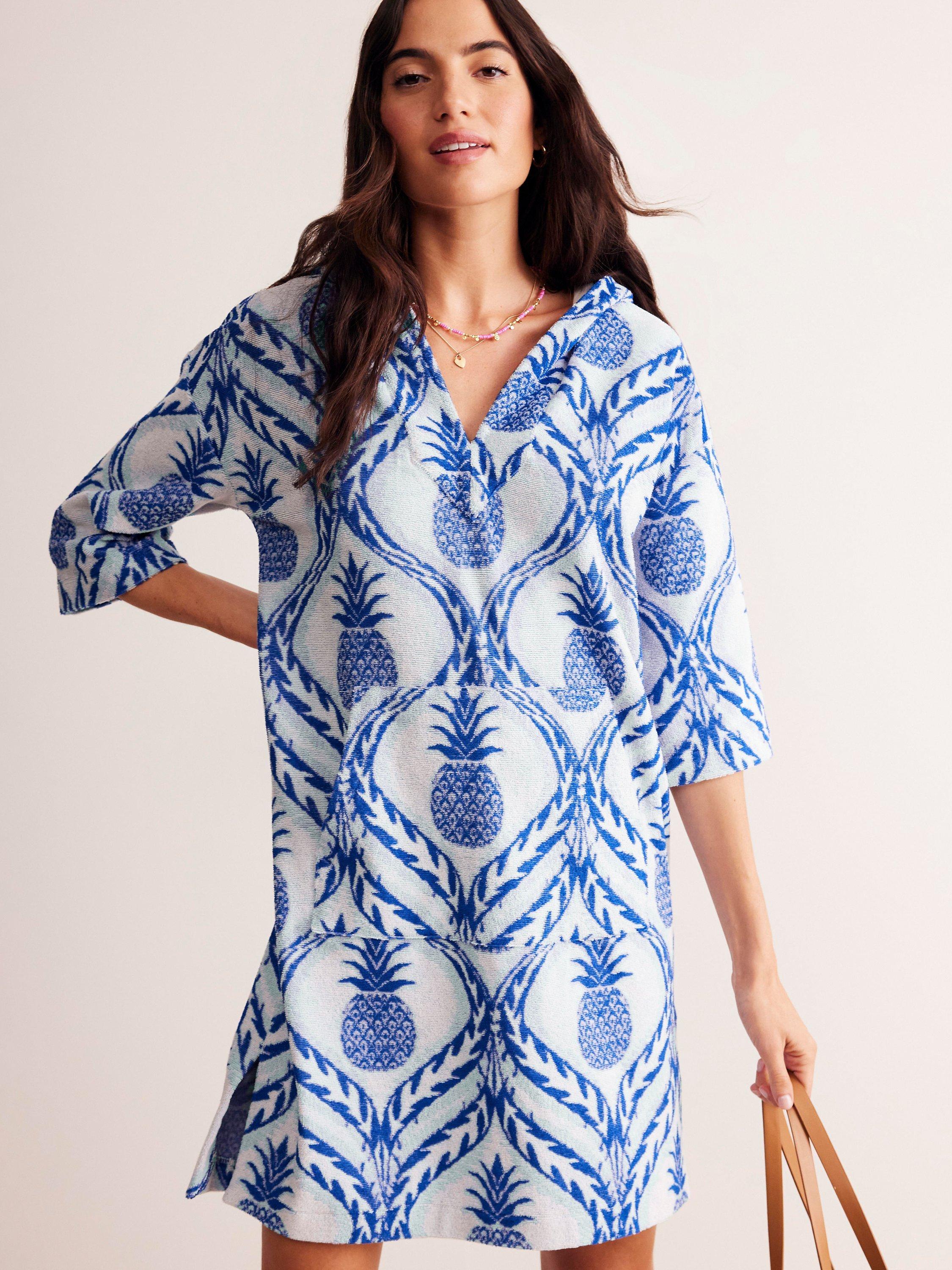 Boden Pineapples Hooded Towelling Dress, Blue