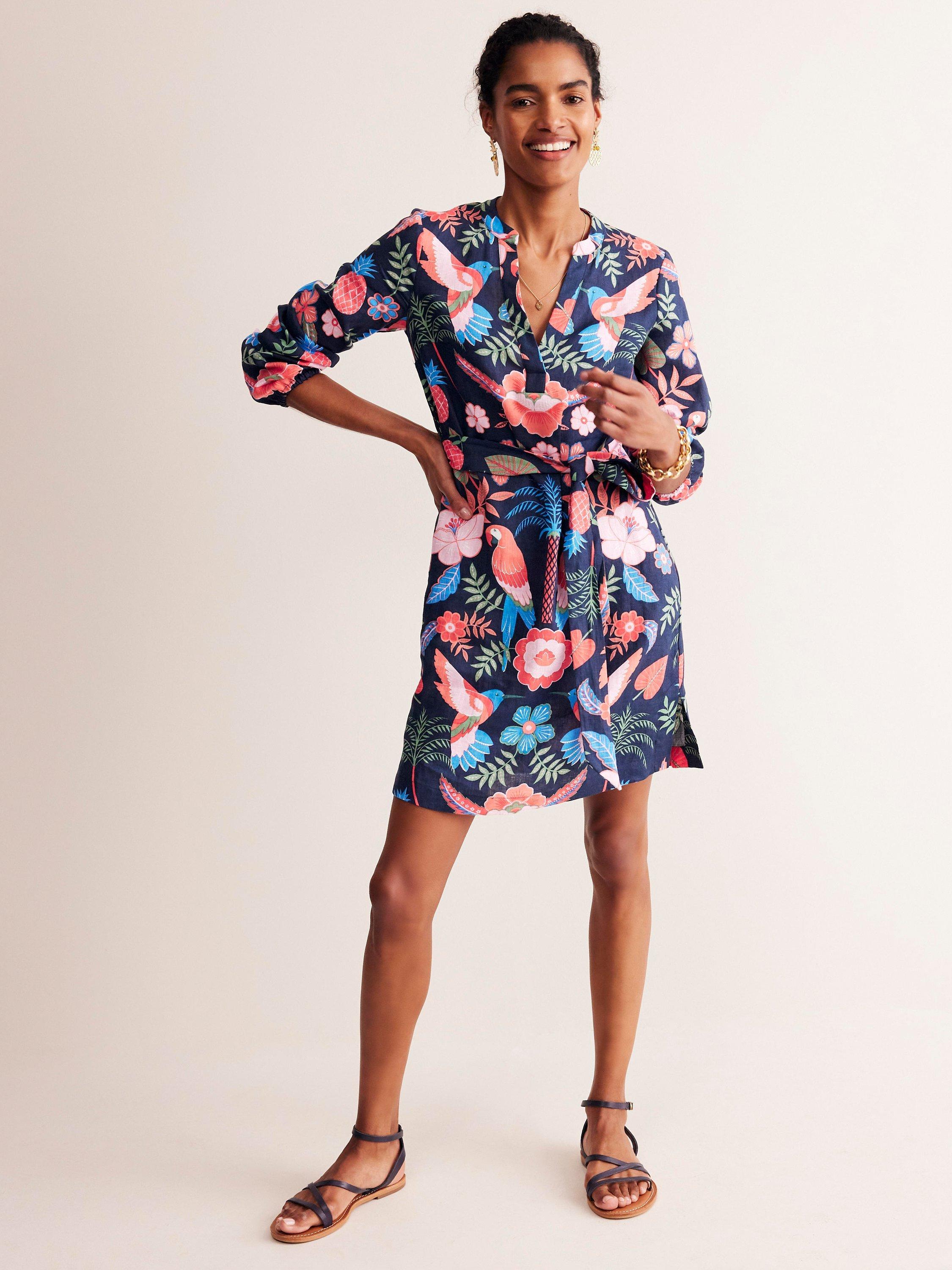 Boden Cleo Linen Tie Waist Tropic Parrot Dress Multi