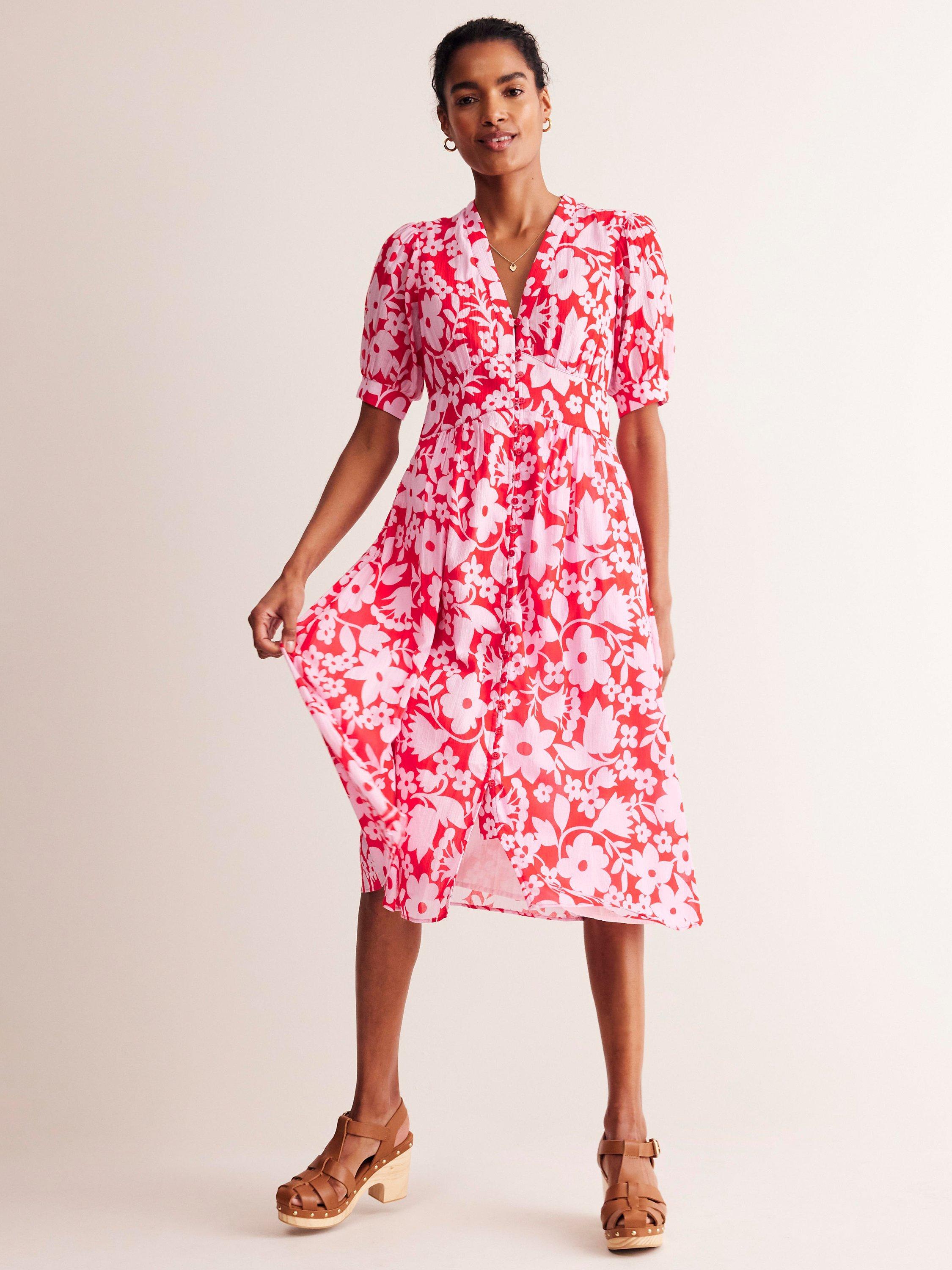 Boden Elsa Crinkle Tulip Garden Midi Dress Scarlet