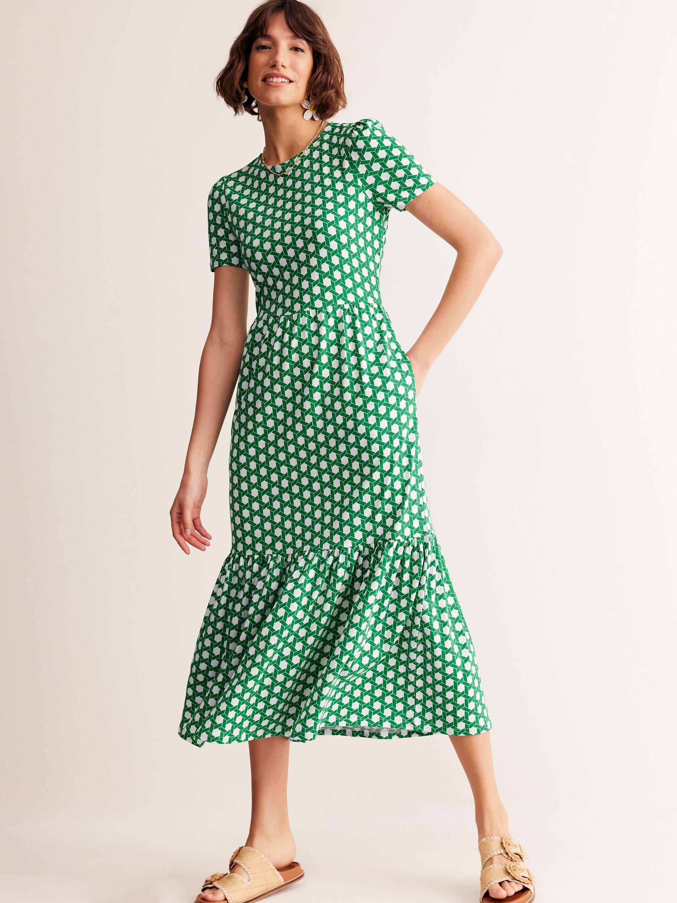 Boden Emma Honeycomb Geometric Tiered Jersey Dress Green