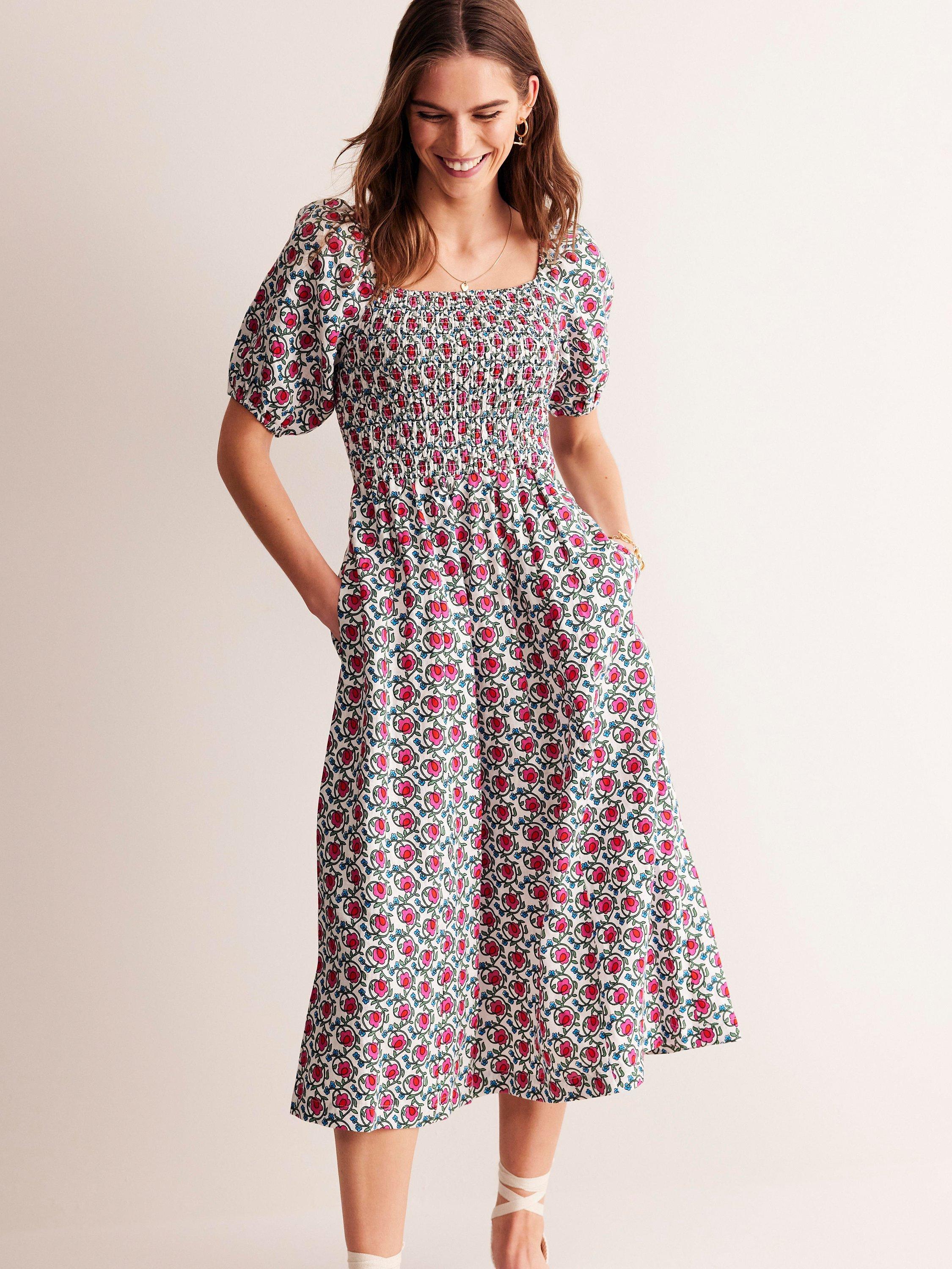 Boden Sky Foliage Terrace Smocked Linen Midi Dress, Pink/Multi