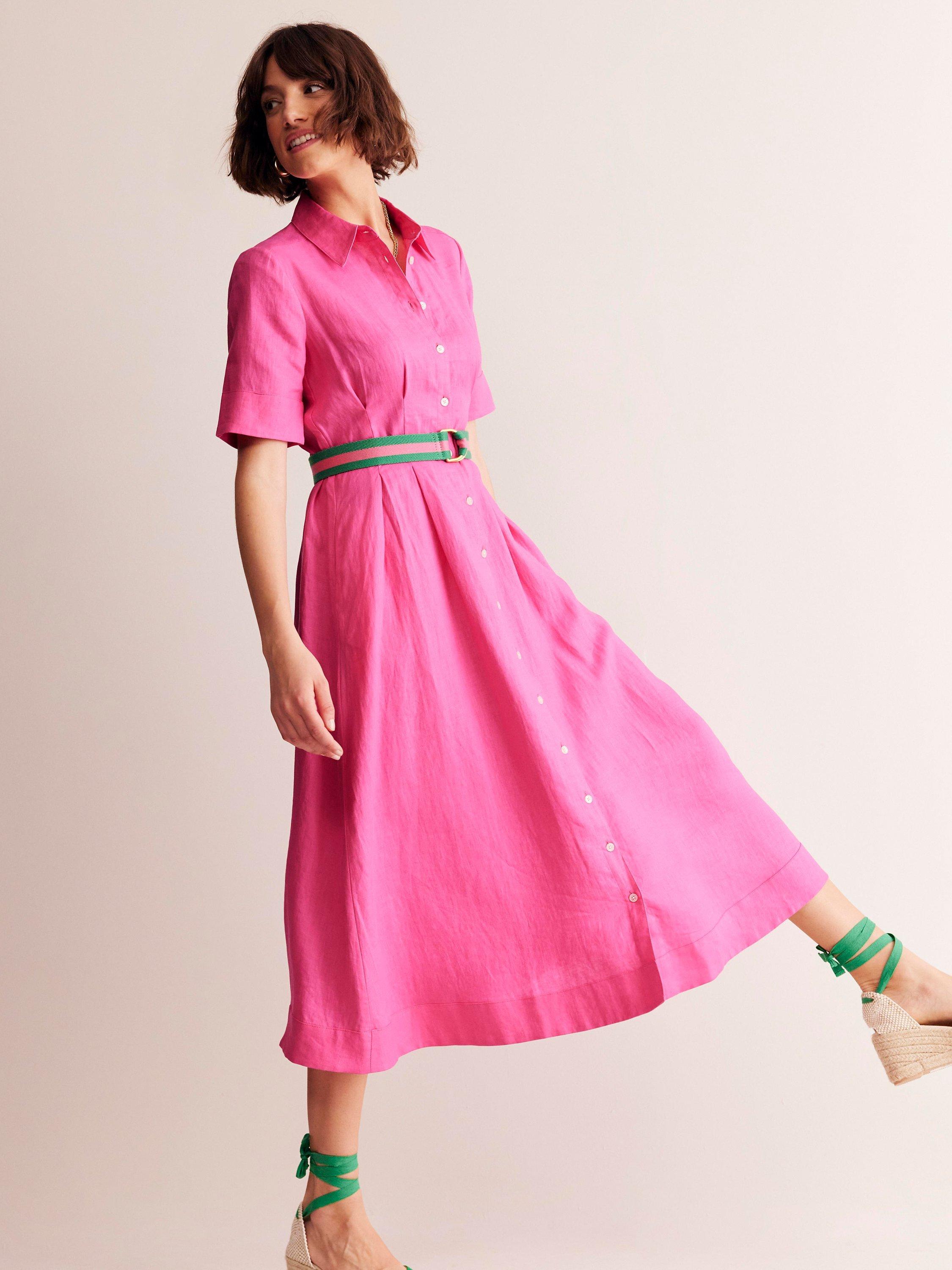 Boden Louise Linen Midi Shirt Dress Pink