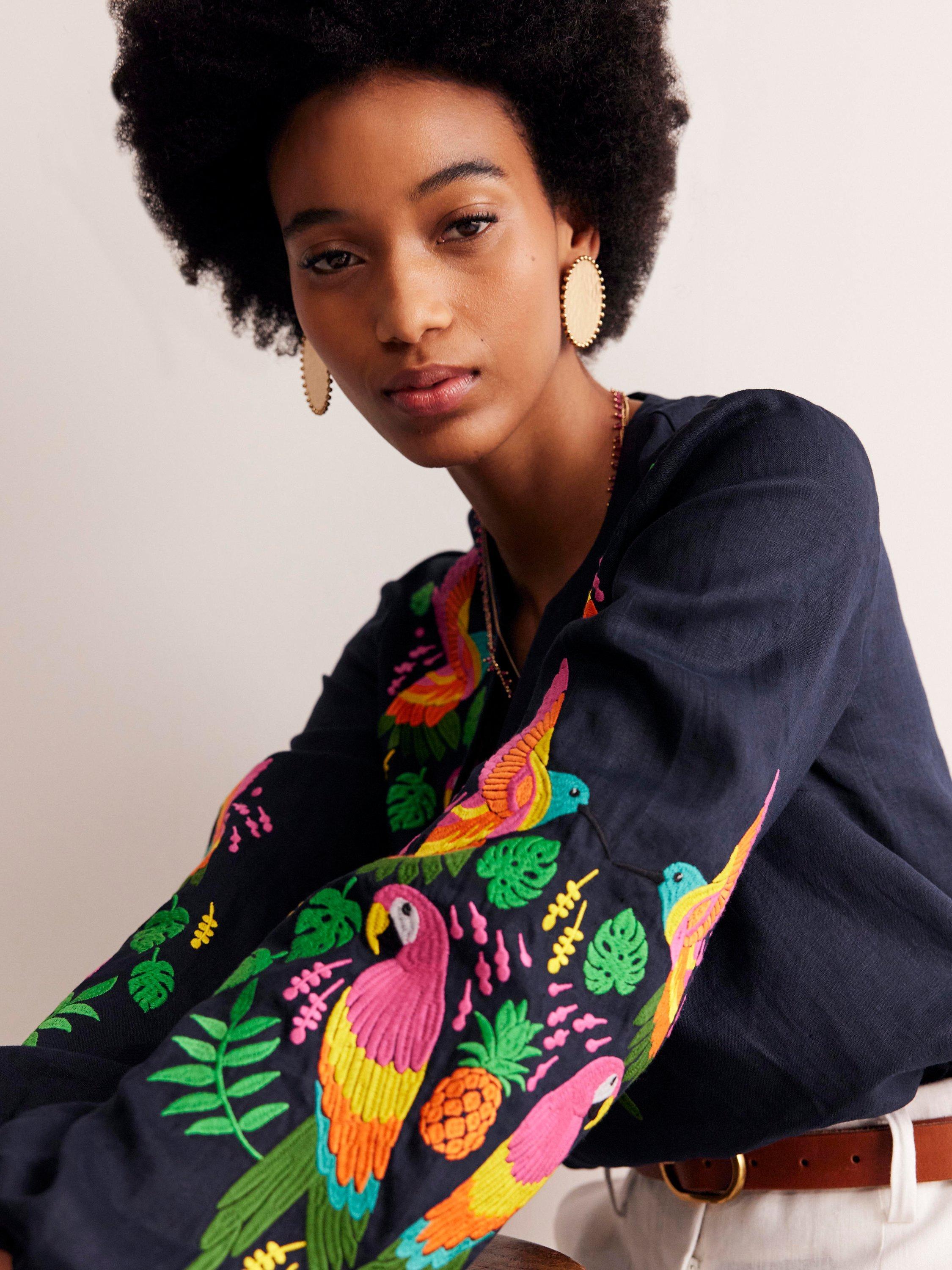 Boden Bonnie Linen Tropical Paradise Top, Blue/Multi