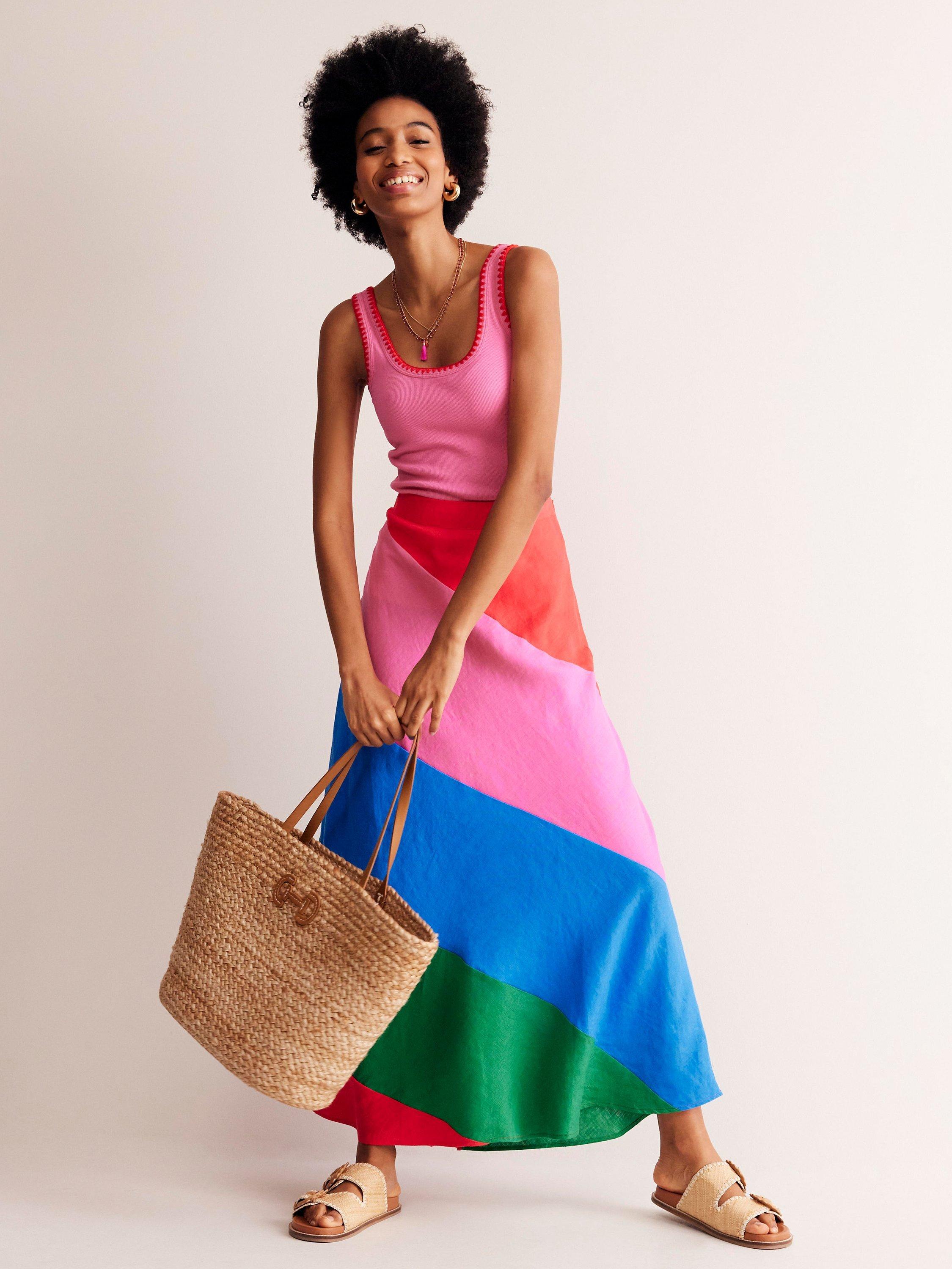 Boden Linen Patchwork Bias-Cut Maxi Slip Skirt, Multi