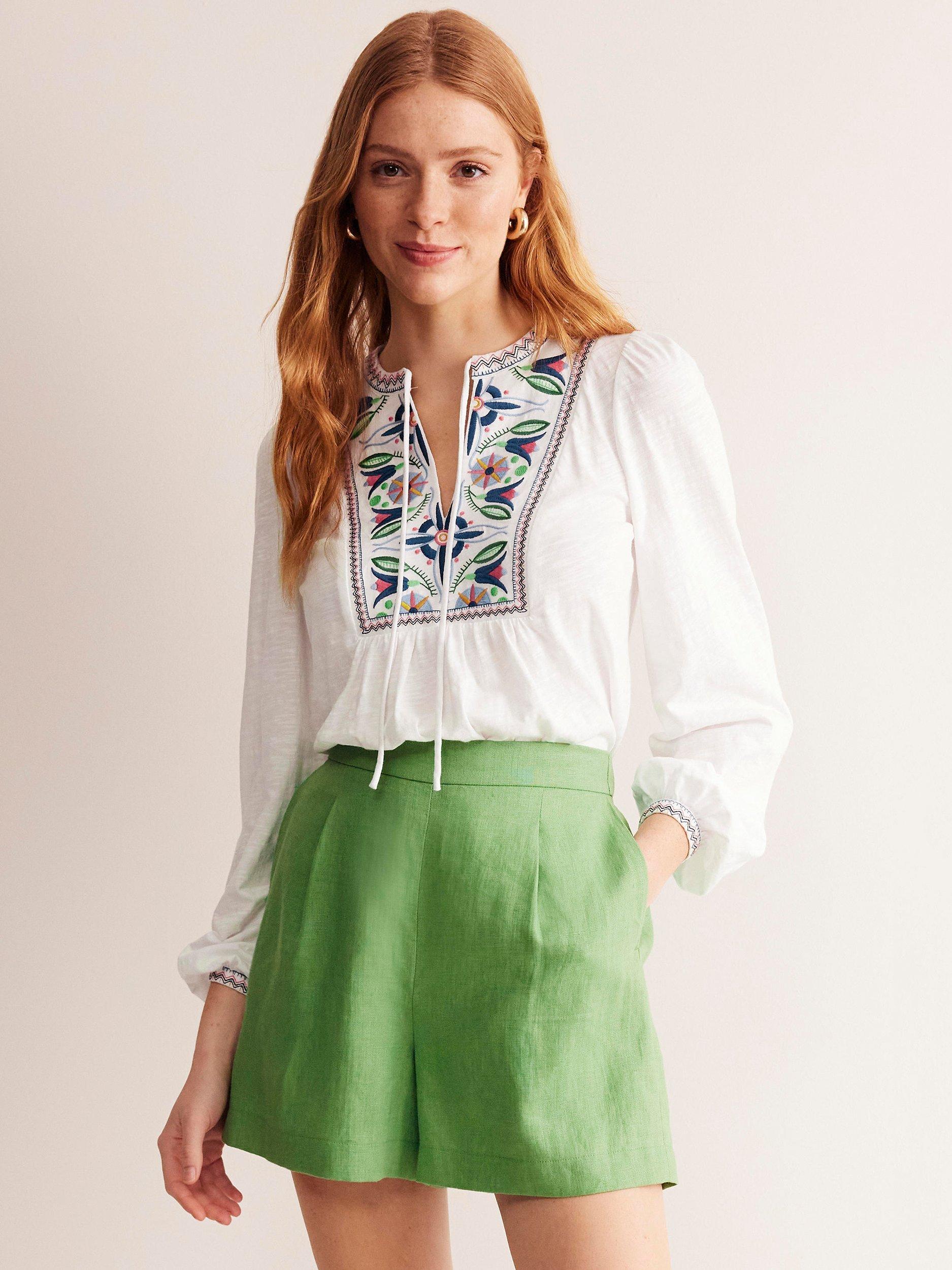 Boden Embroidered Cotton Yoke Detail Top, White/Multi, White/Multi