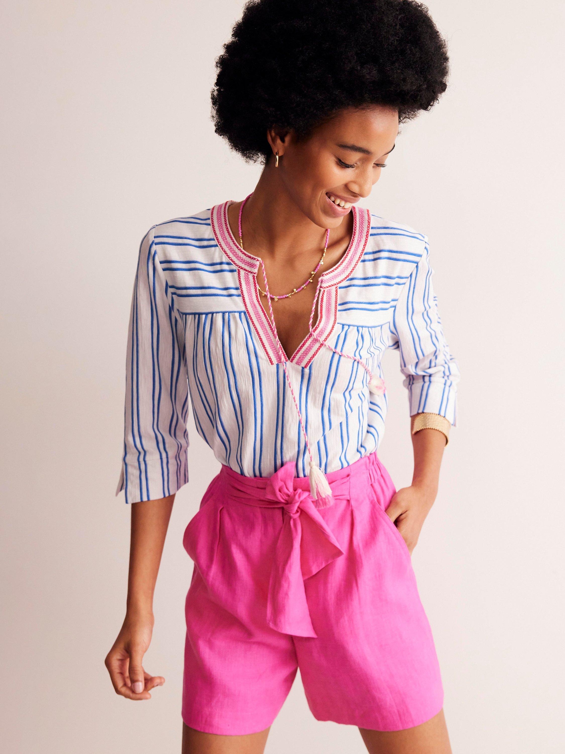 Boden Stripe Embroidered Neck Top, Nautical Blue