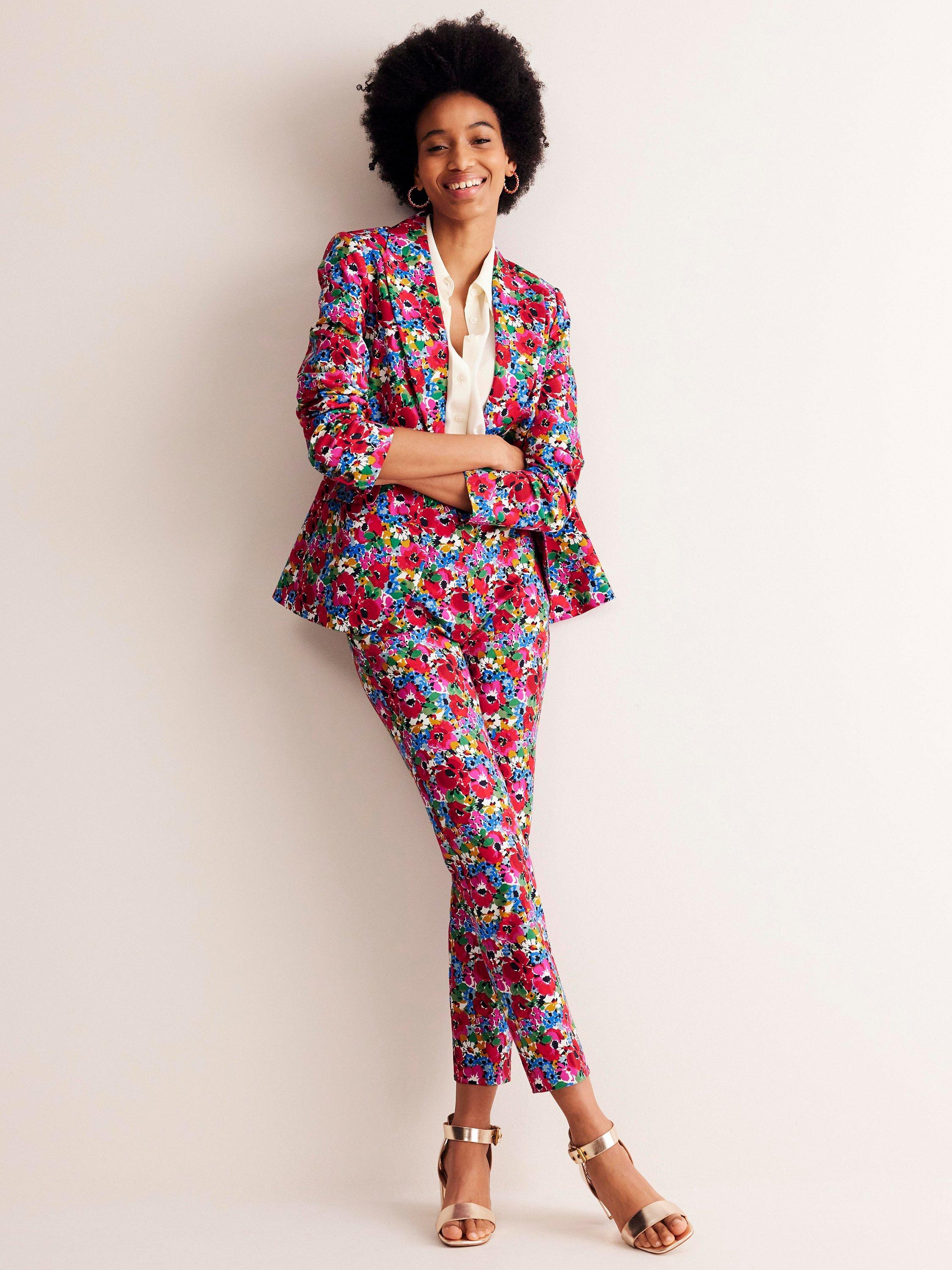Boden Highgate Wild Poppy Sateen Floral Tailored Trousers, Multi