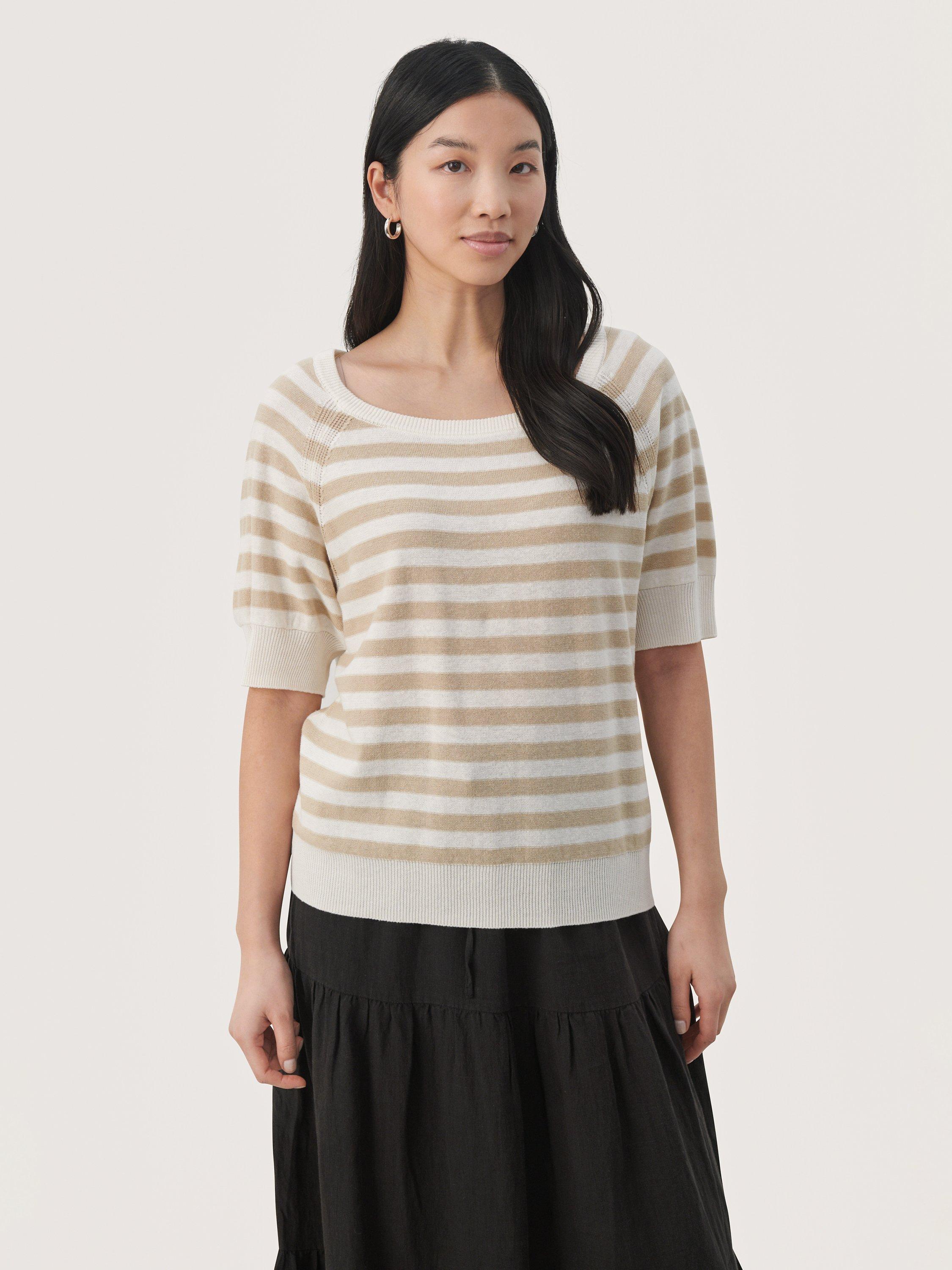 Product image 1 of 5, which shows Part Two Glennie Short Sleeve Jumper, White Pepper Stripe, S