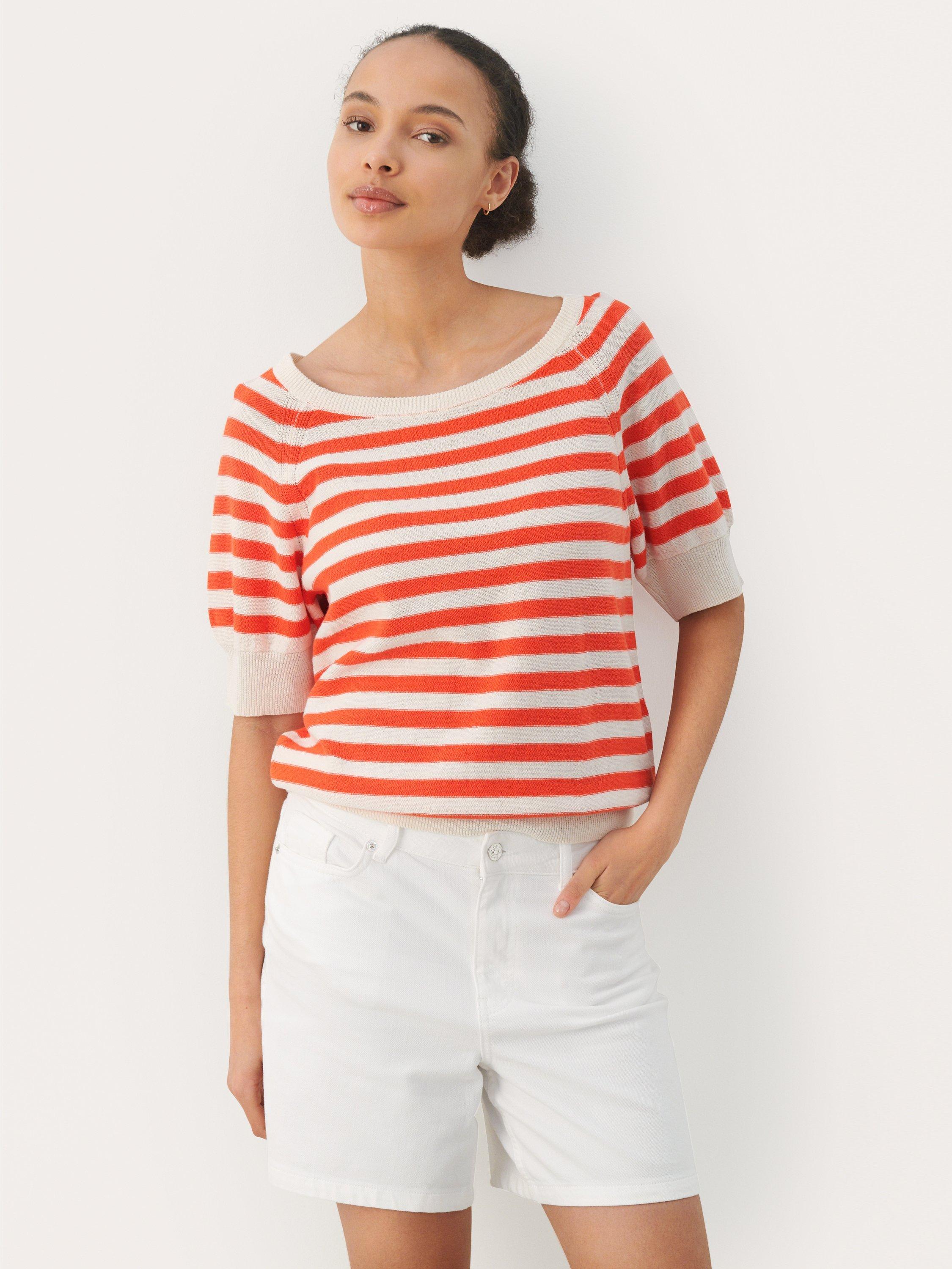 Product image 1 of 5, which shows Part Two Glennie Short Sleeve Jumper, Mandarin Red Stripe, M
