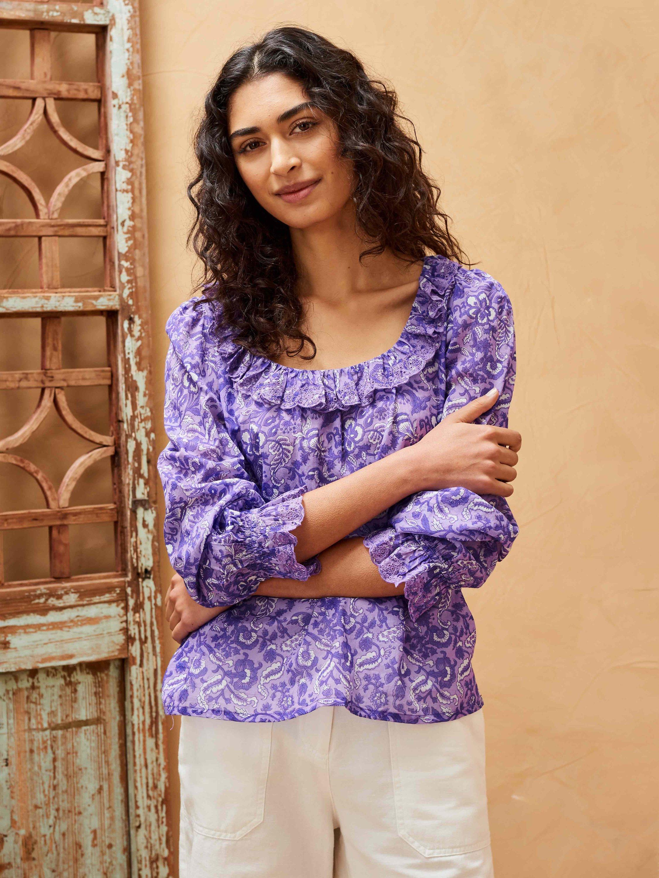 Brora Organic Cotton Floral Block Print Top, Amethyst