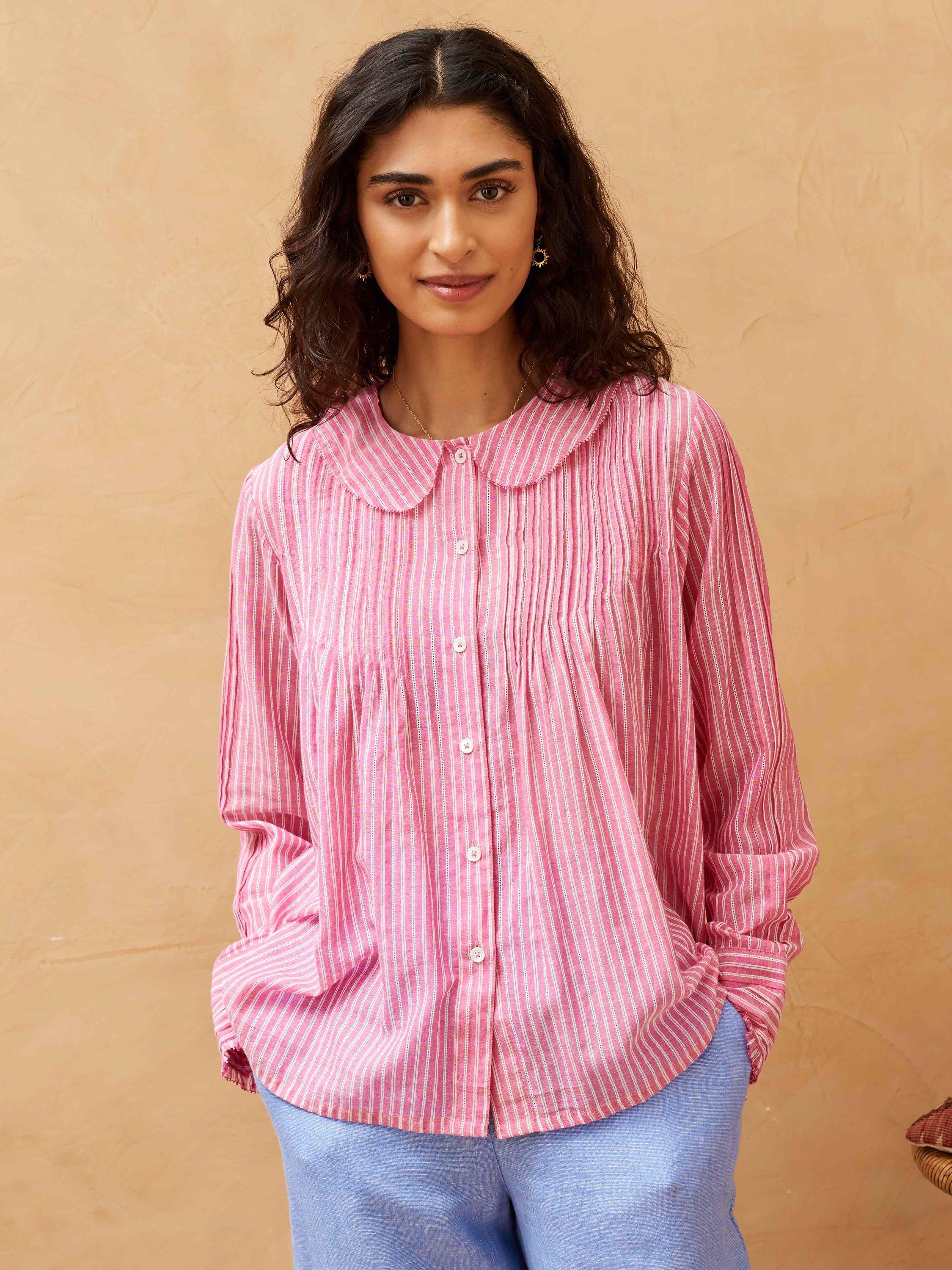 Brora Stripe Pintuck Shirt, Rhubarb