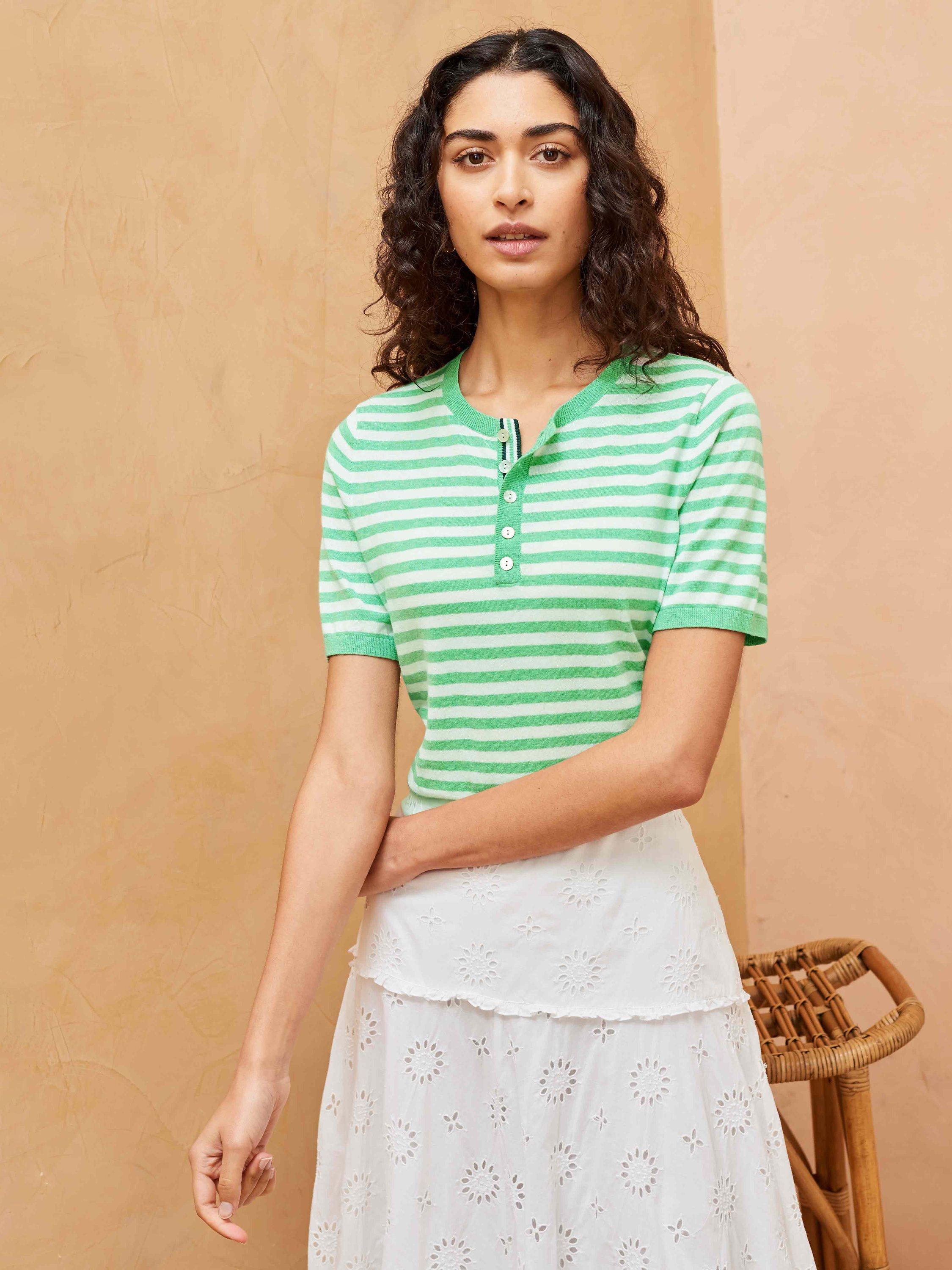 Brora Stripe Button Neck Top, Spearmint/White