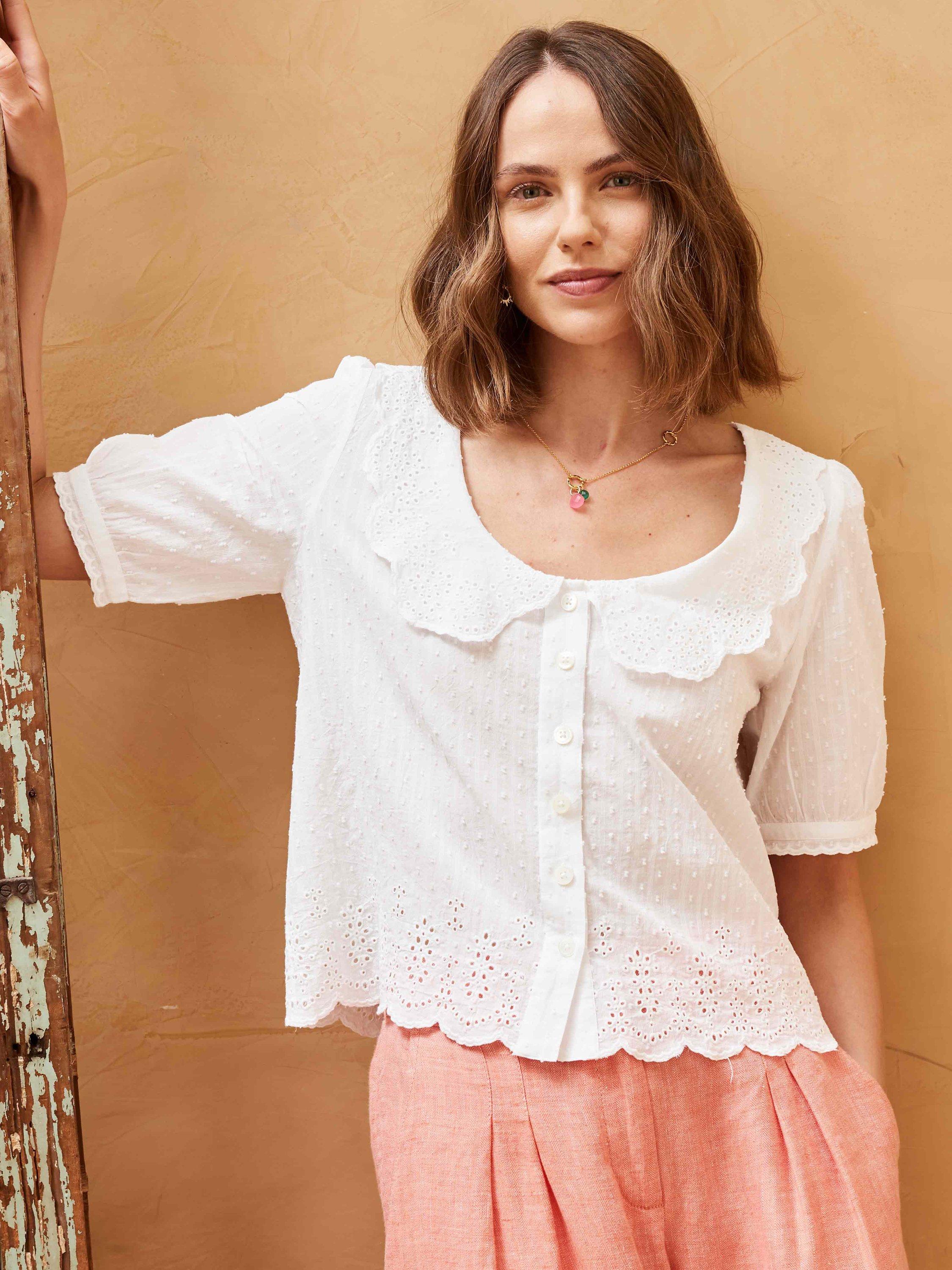 Brora Organic Cotton Dobby Blouse, White