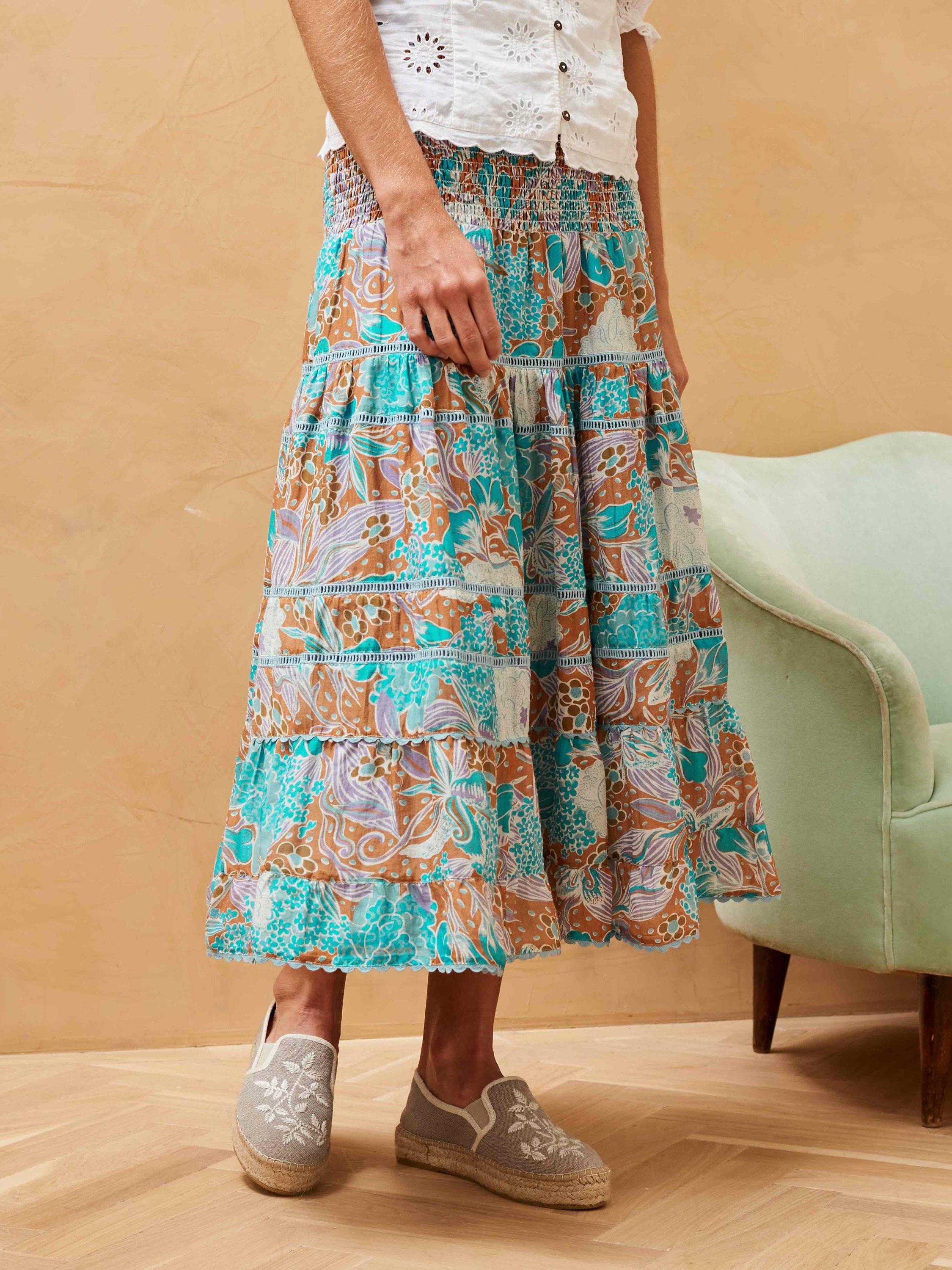 Brora Silk Cotton Blend Tiered Midi Skirt, Ocean/Multi