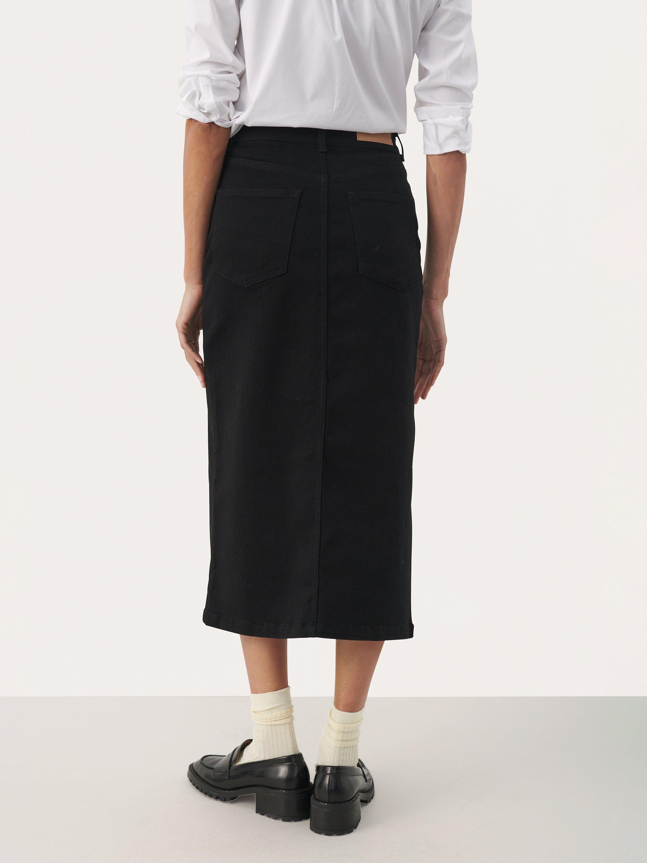 Product image 2 of 5, which shows Part Two Dilin Classic Fit Midi Skirt, Black Denim, 8