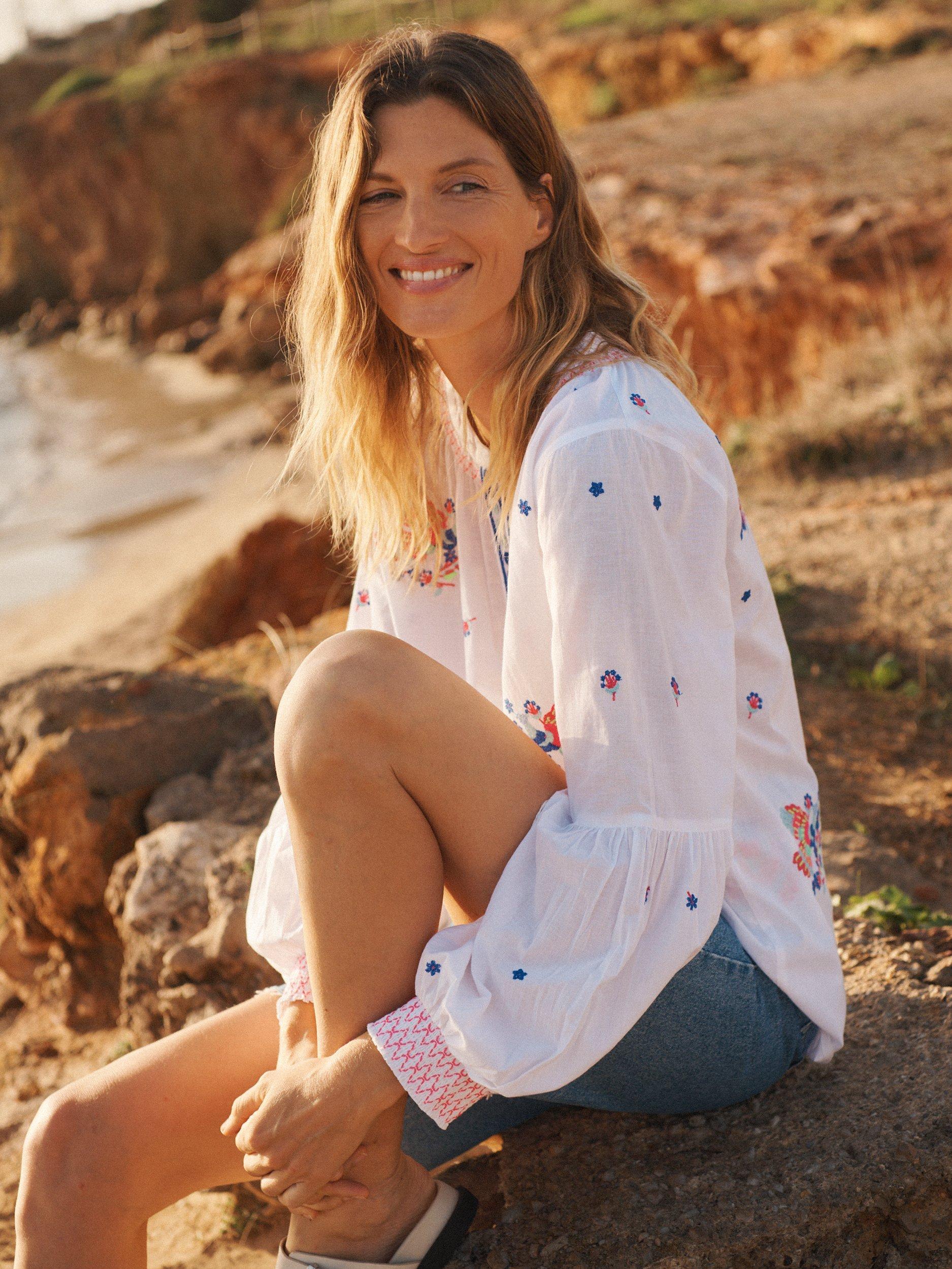Product image 4 of 10, which shows NRBY Birdie Embroidered Top, White, XS