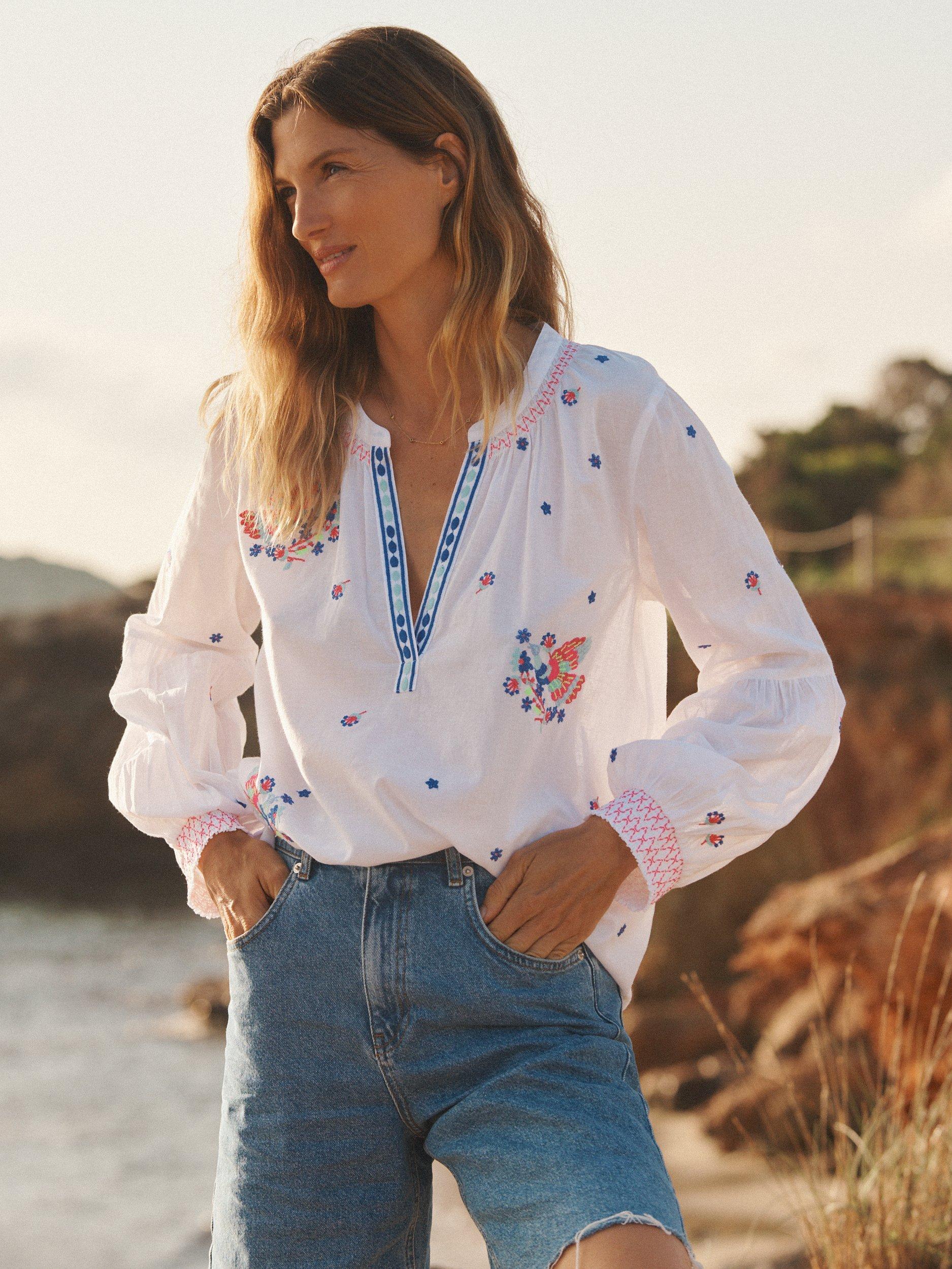 Product image 8 of 10, which shows NRBY Birdie Embroidered Top, White, XS