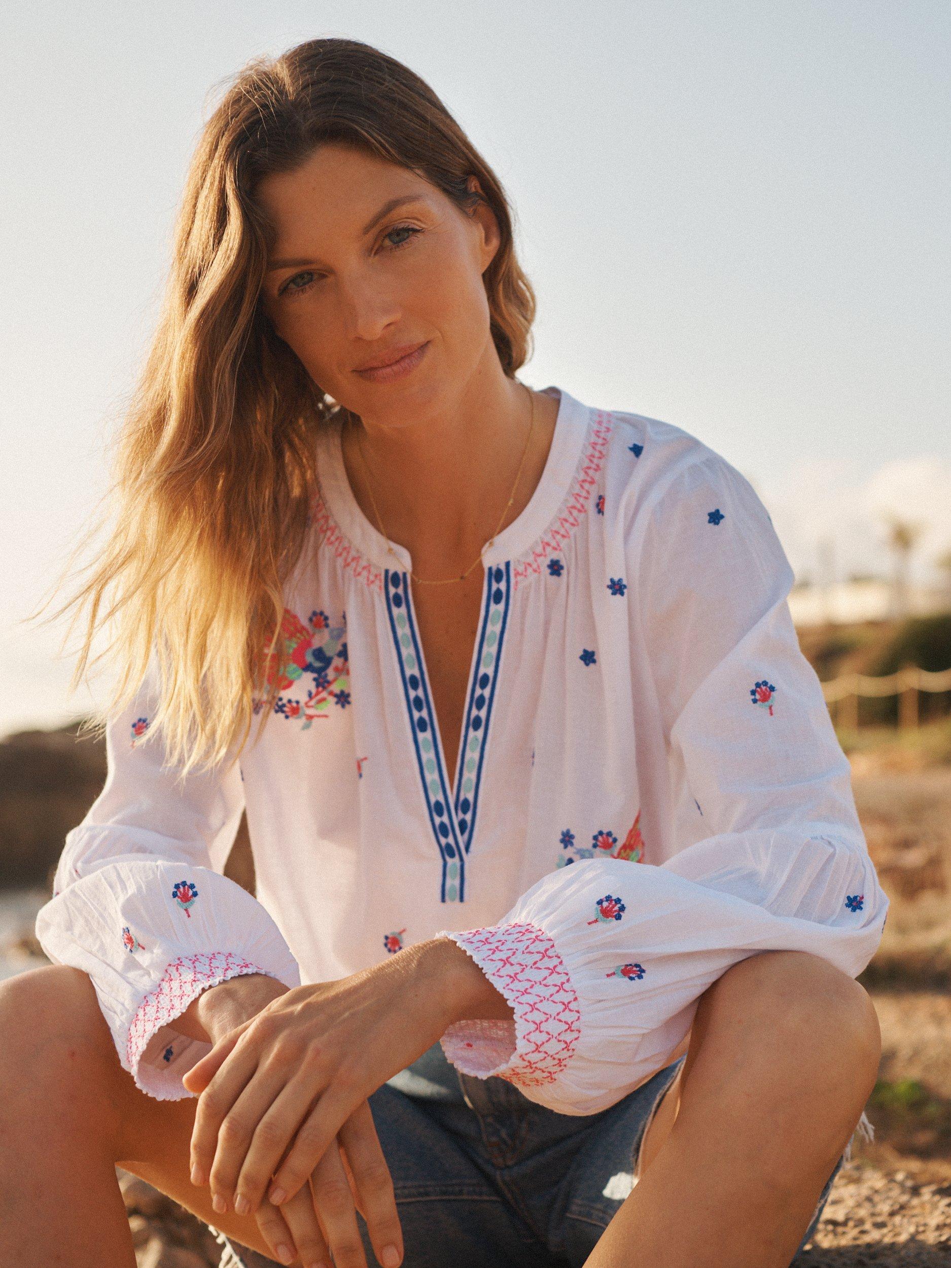 Product image 10 of 10, which shows NRBY Birdie Embroidered Top, White, XS