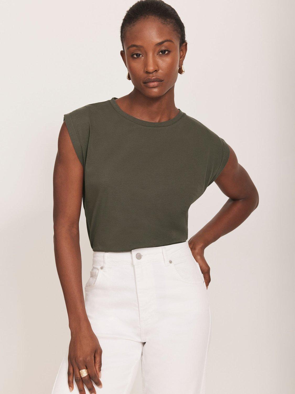 Product image 1 of 8, which shows Mint Velvet Shoulder T-Shirt, Khaki, XS