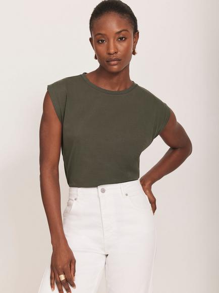 Mint Velvet Shoulder T-Shirt, Khaki, Khaki