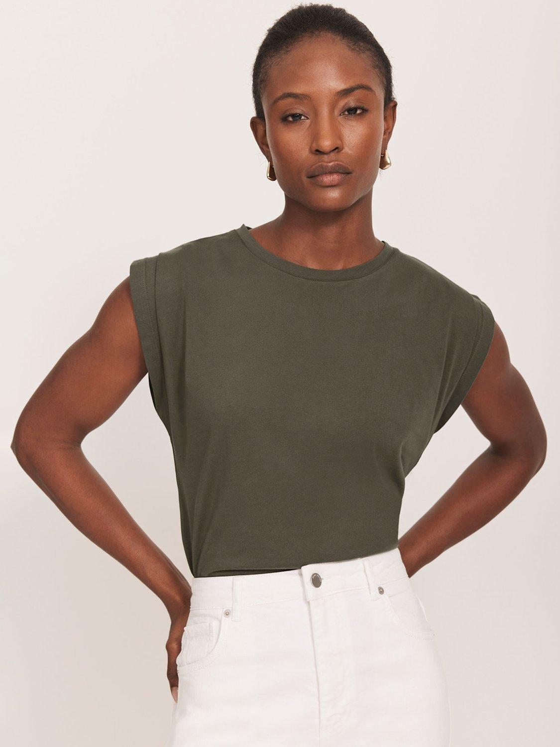 Product image 5 of 8, which shows Mint Velvet Shoulder T-Shirt, Khaki, XS