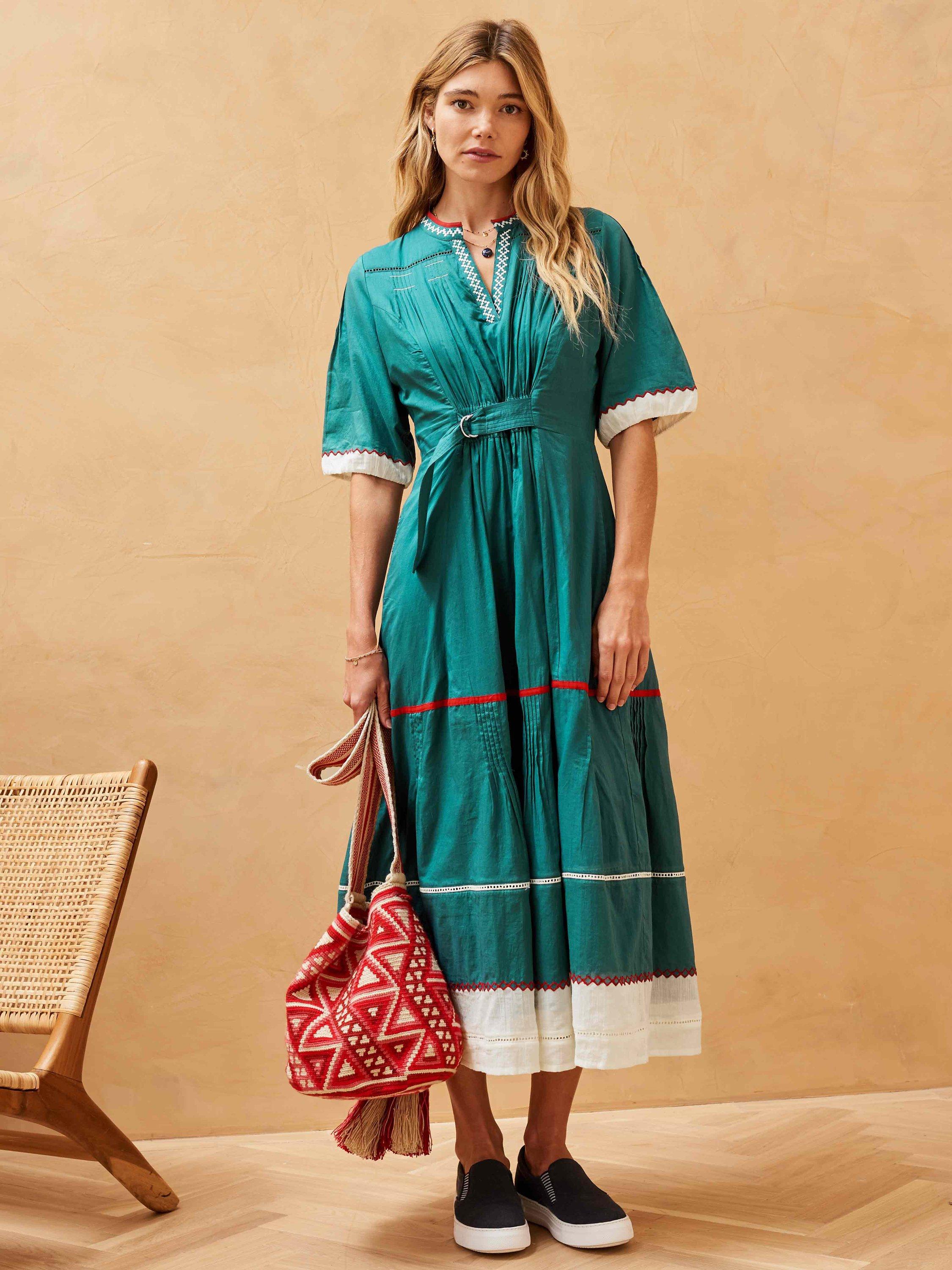 Brora Organic Cotton Geometric Embroidered Folk Dress, Petrol Green