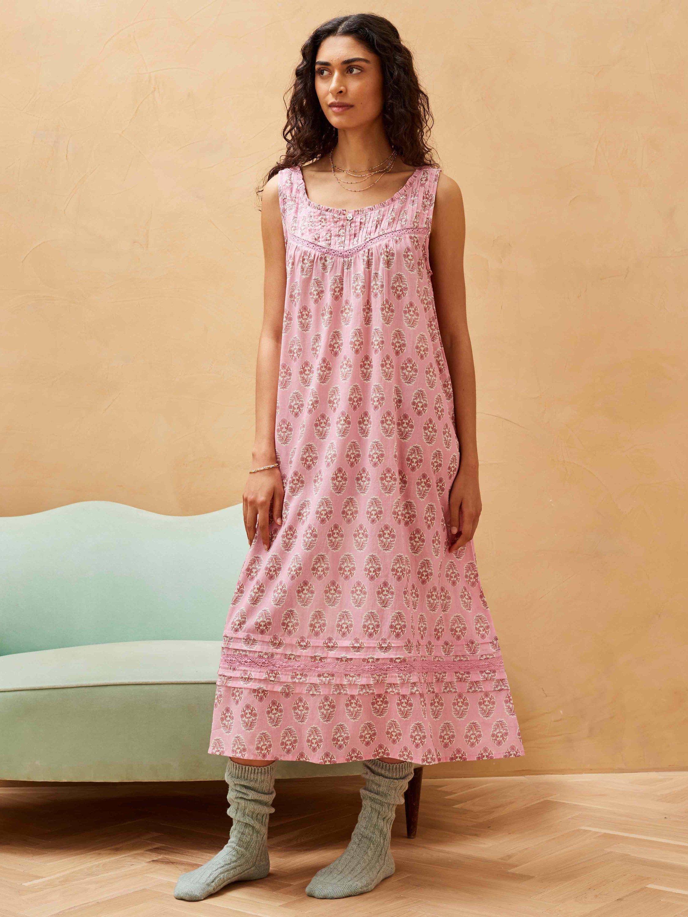 Brora Organic Cotton Botanical Block Print Nightdress, Peony